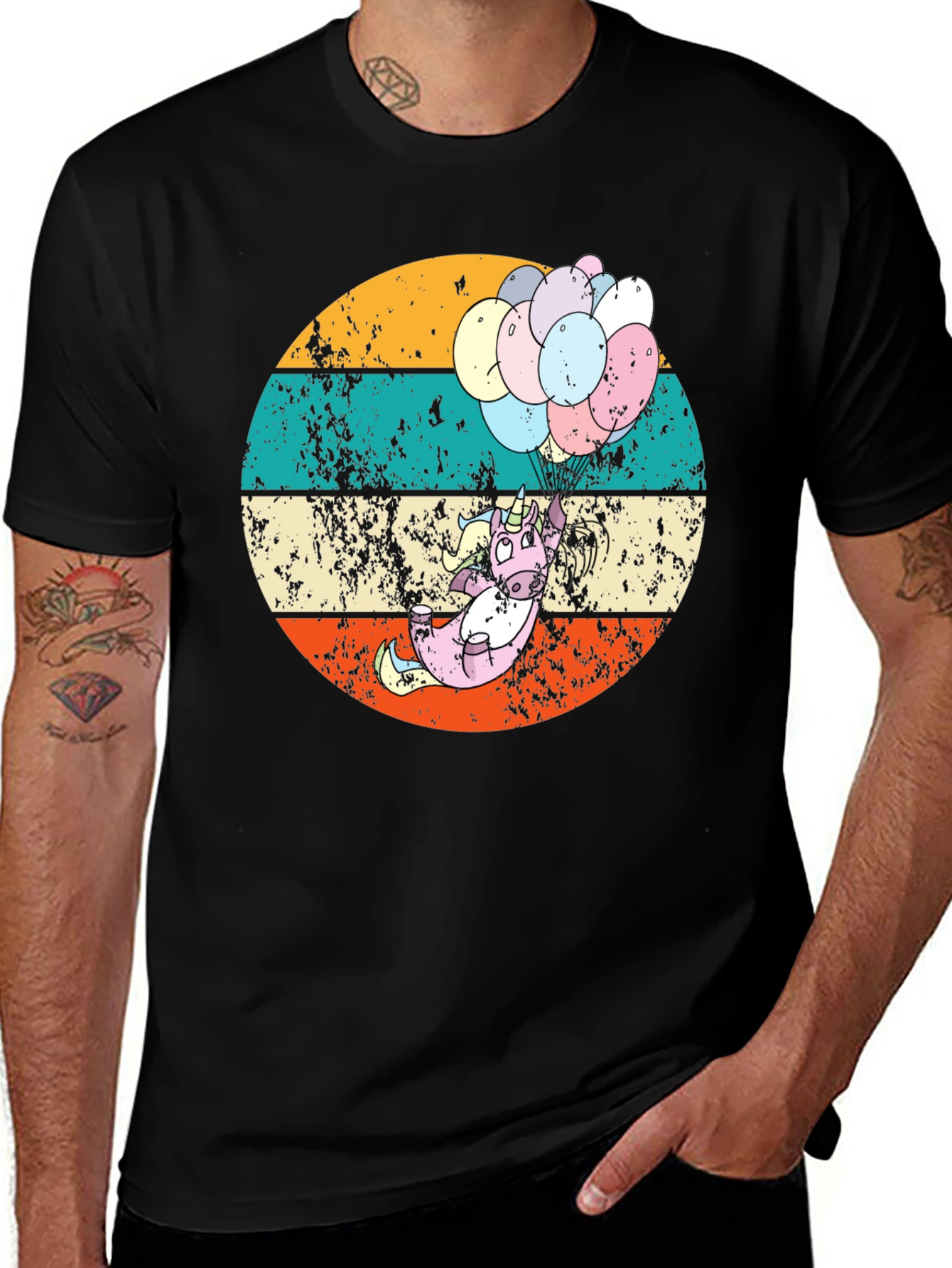 Black Retro Unicorn Balloons Graphic Tee main image