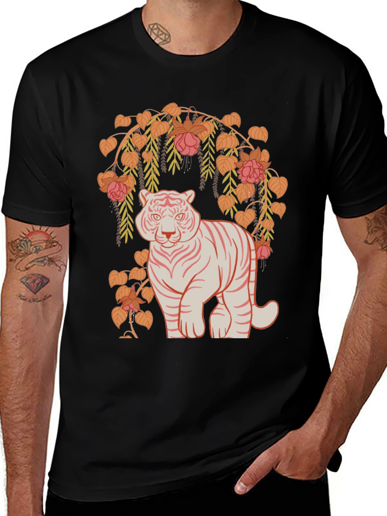 Variant 6 of Tiger and Floral Graphic Tee - Black