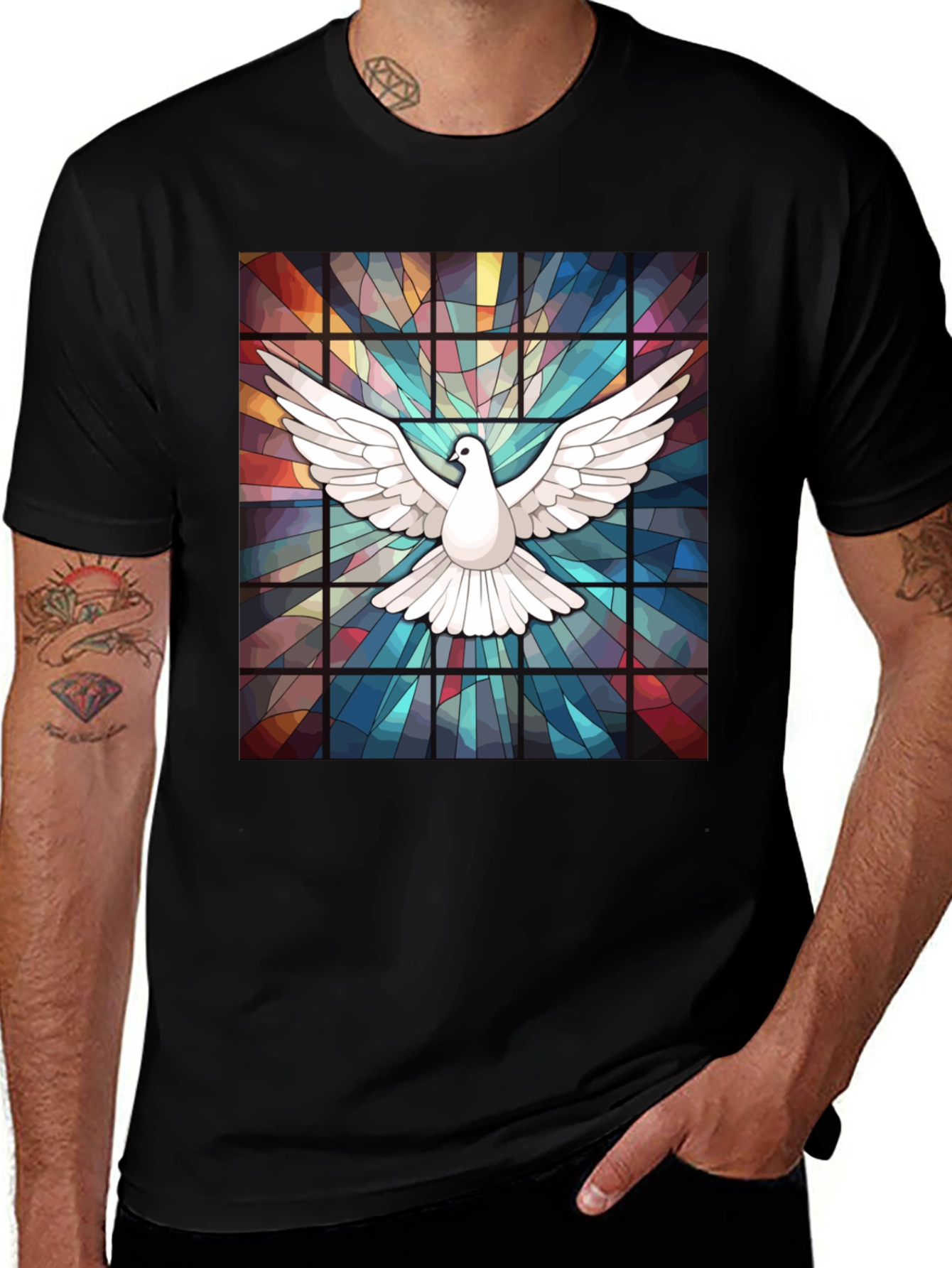 Variant 2 of Dove Stained Glass Graphic T-Shirt - Men's Black Tee