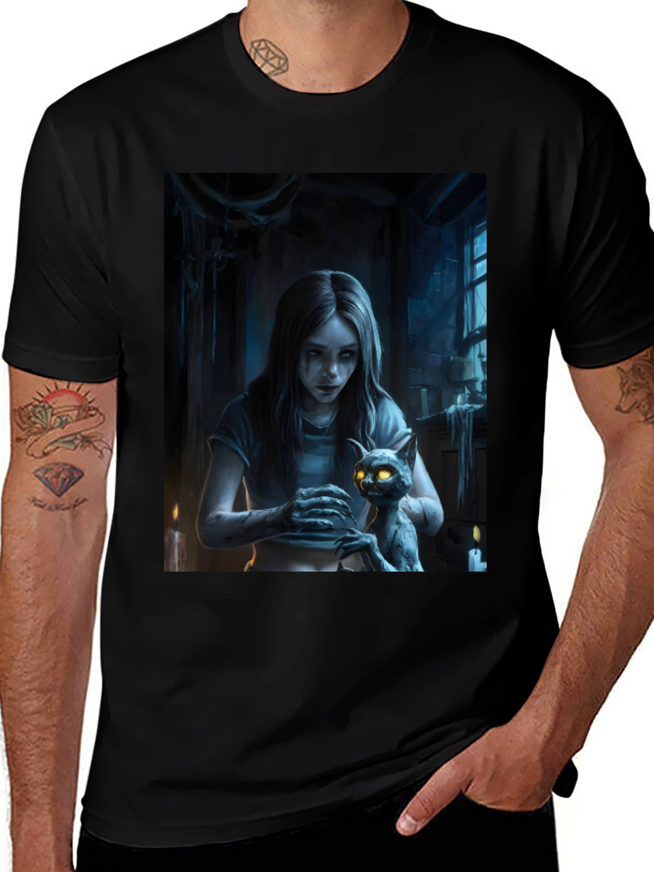Variant 4 of Eerie Alice and Cheshire Cat Graphic Black T-Shirt