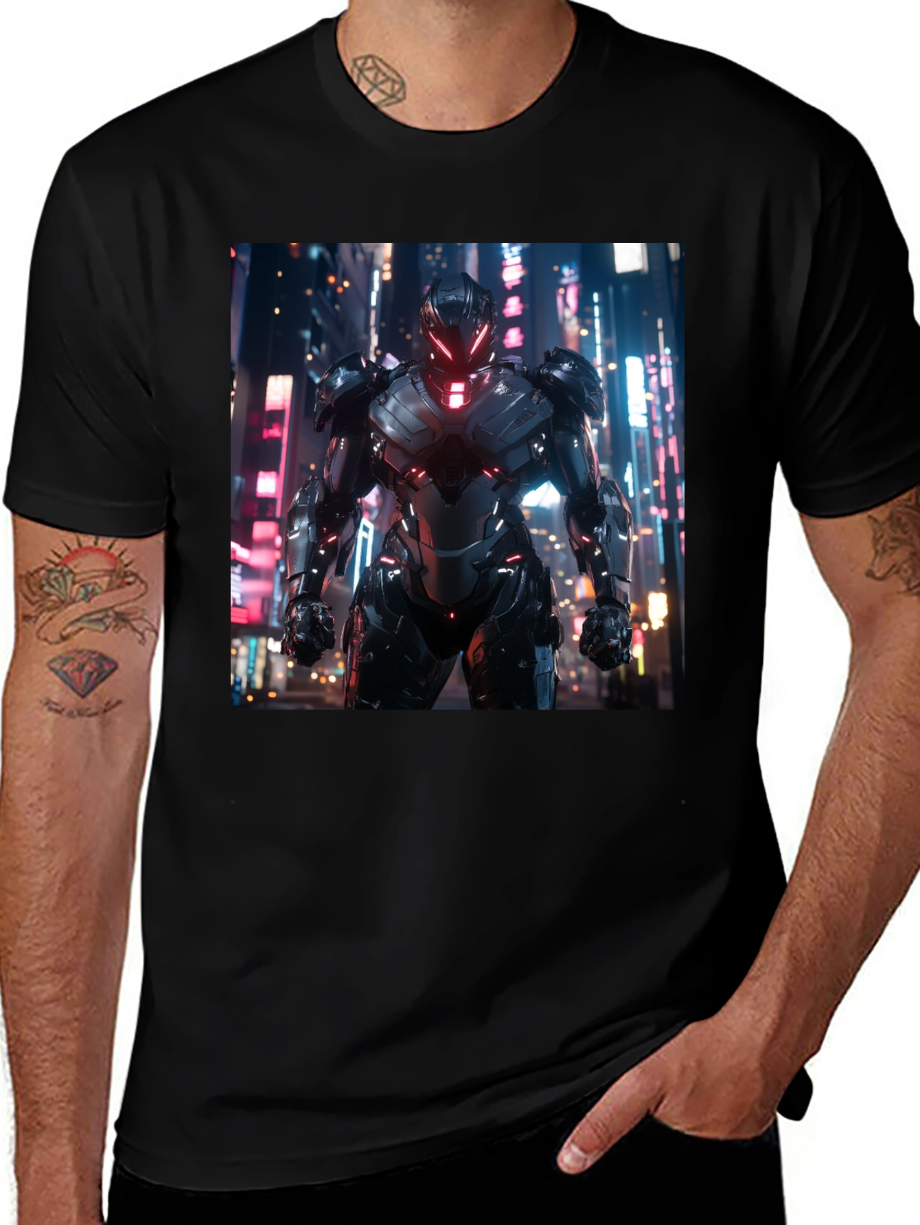 Sci-Fi Armor Graphic T-Shirt - Sleek Black Tee