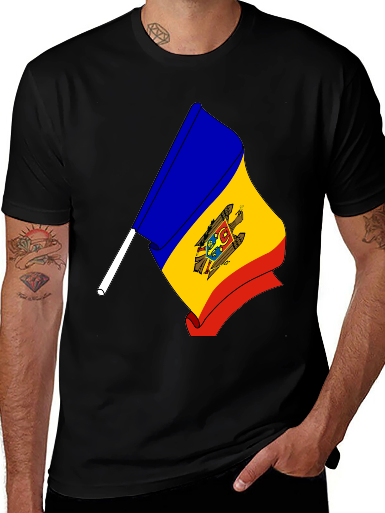 Moldova Flag Graphic Print Black T-Shirt