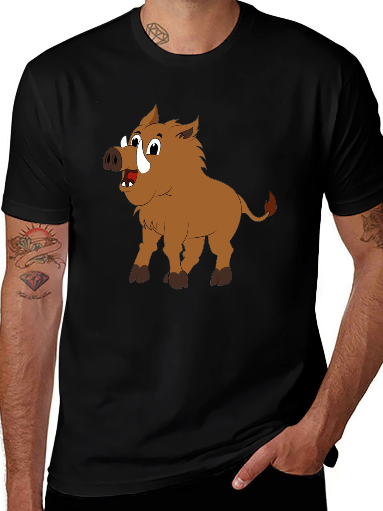 Boar Cartoon Black T-Shirt
