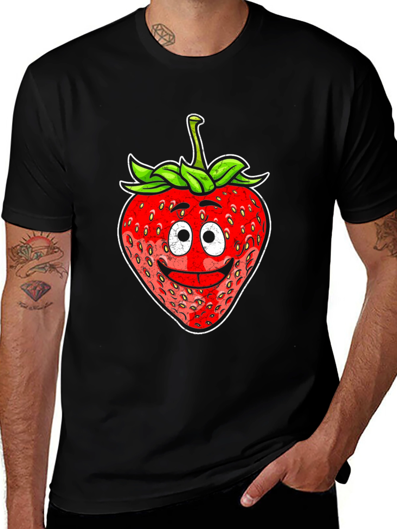 Variant 8 of Funny Strawberry Face T-Shirt - Black Cotton Tee