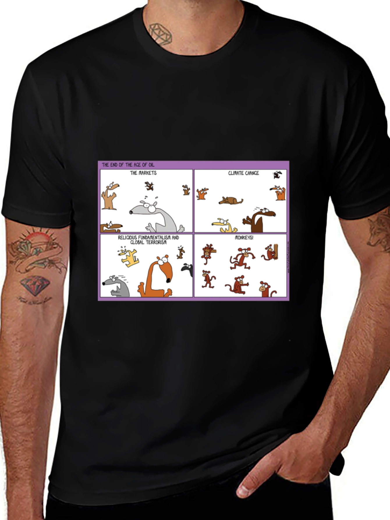 Variant 9 of Cartoon Graphic T-Shirt - End of Oil, Markets, Climate, Monkeys