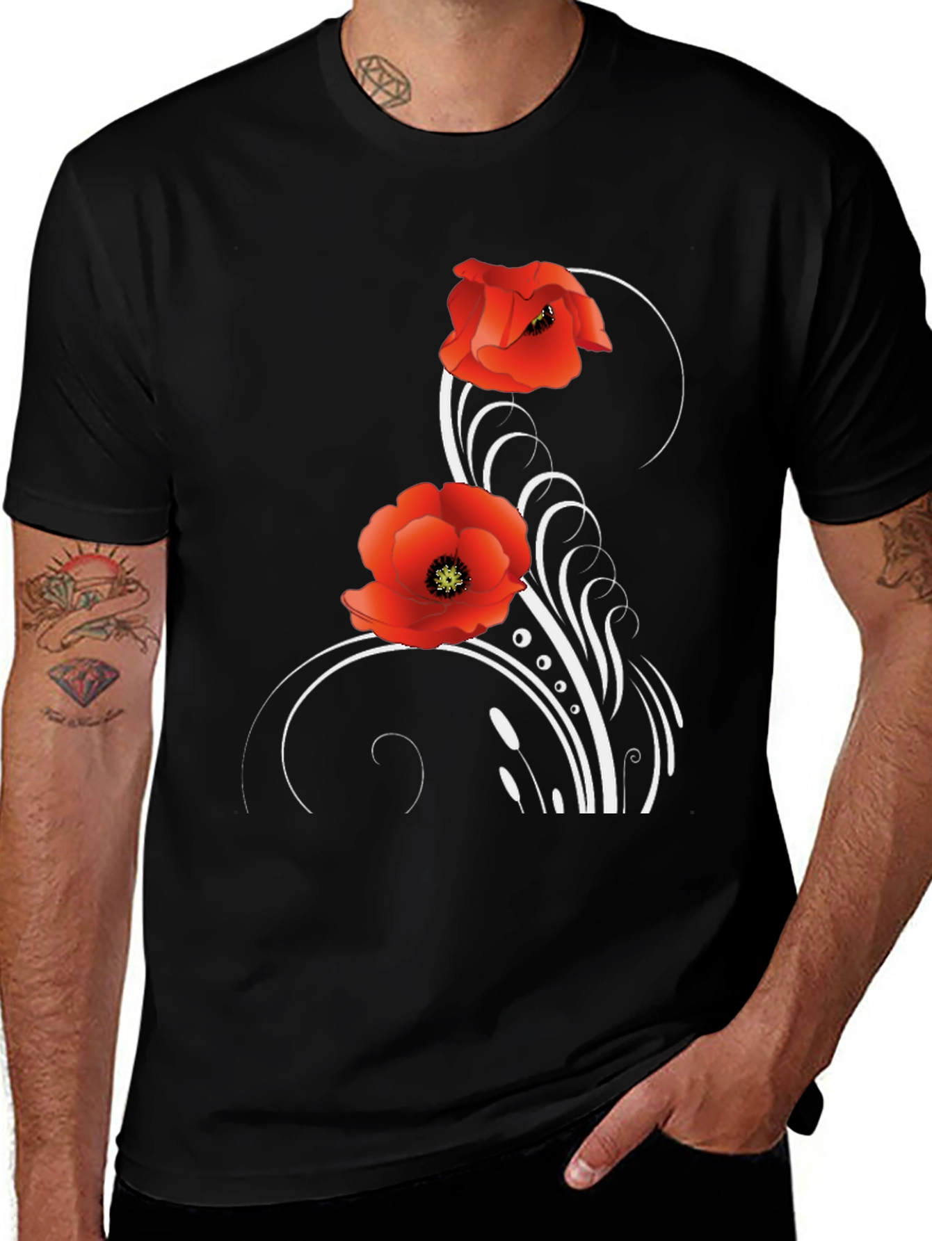 Floral Poppy T-Shirt - Black Cotton