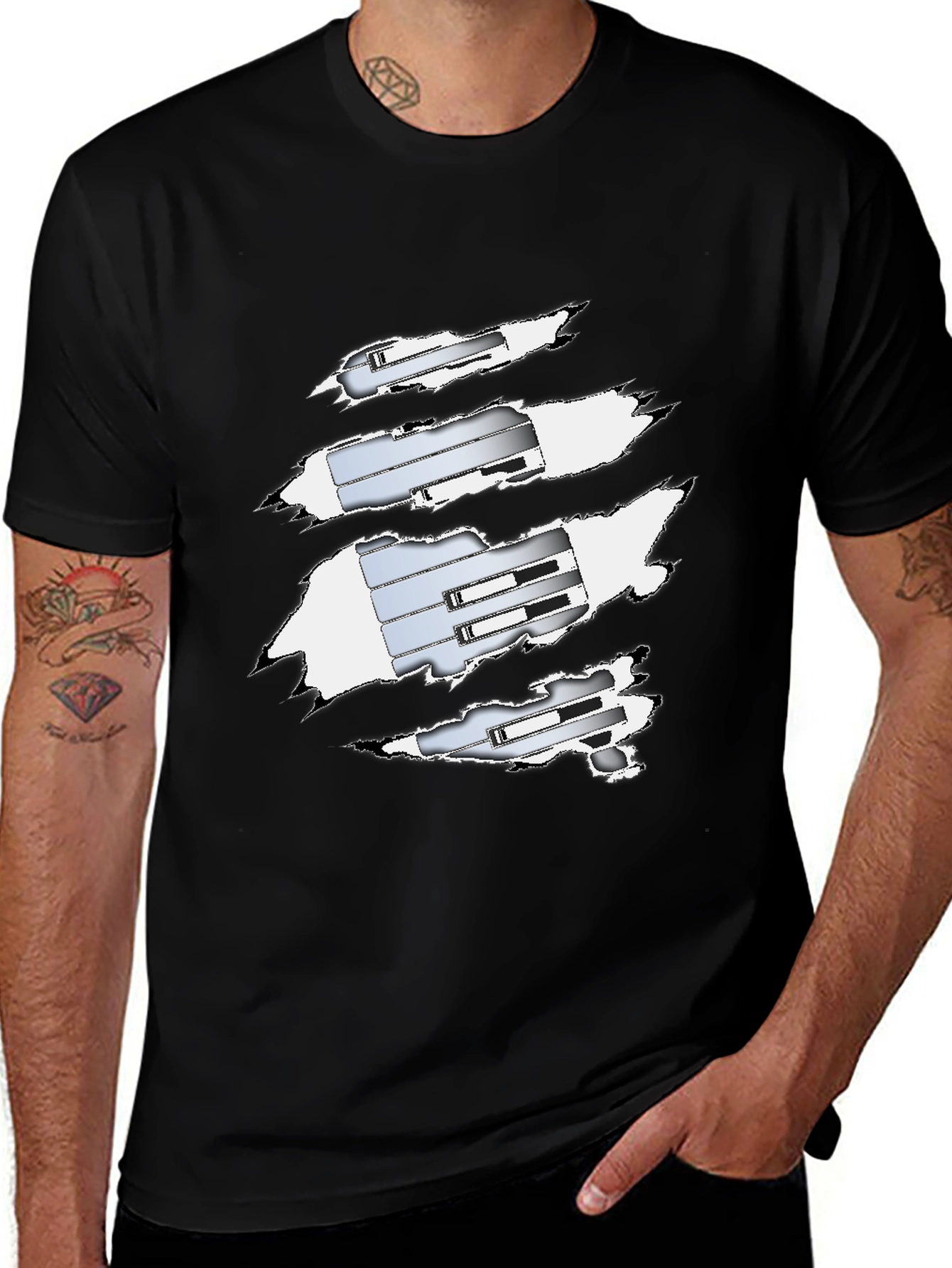 Ripped T-Shirt Revealing Silver Mechanism Design
