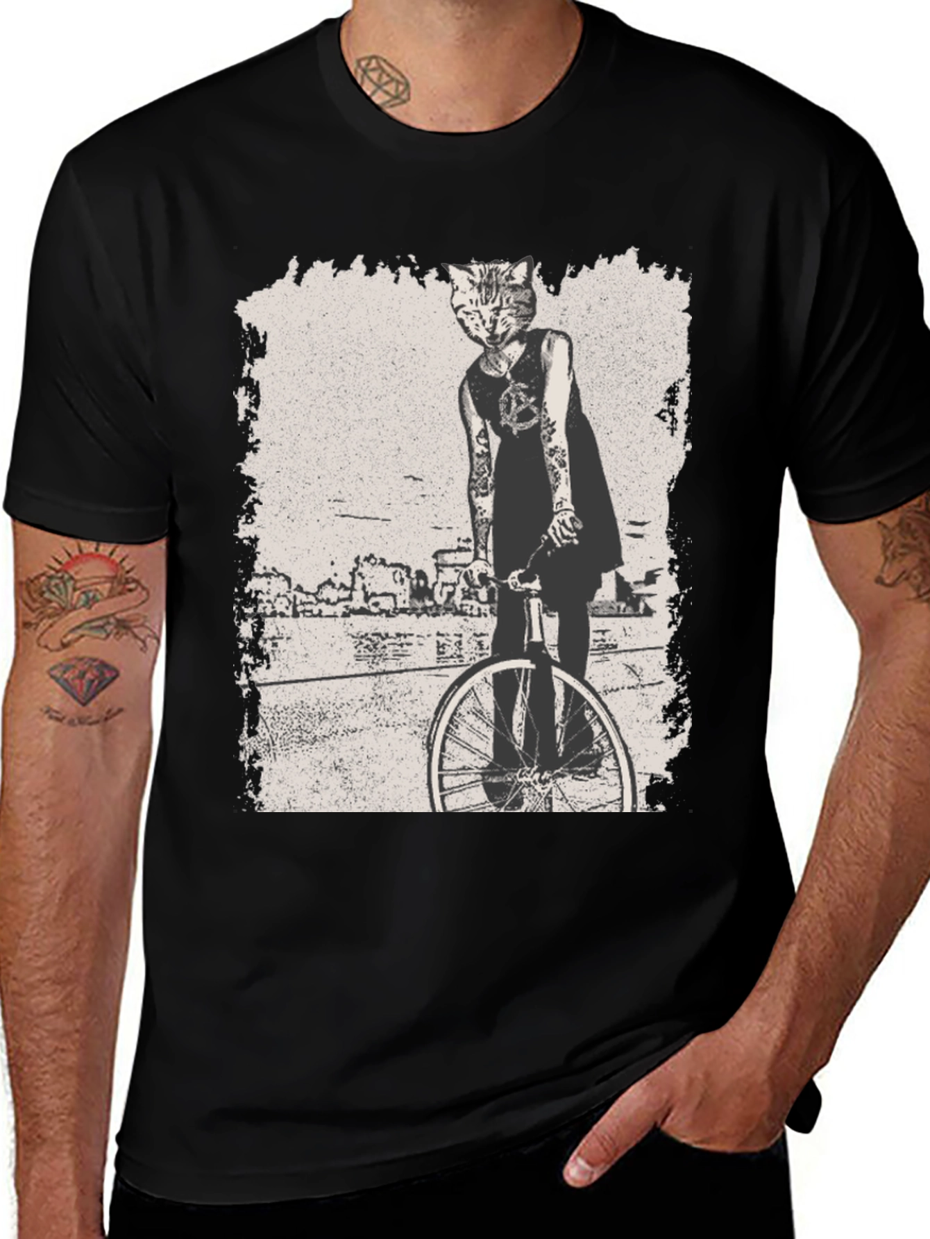 Variant 27 of Cat-Themed T-Shirt: Edgy Feline Cyclist Design