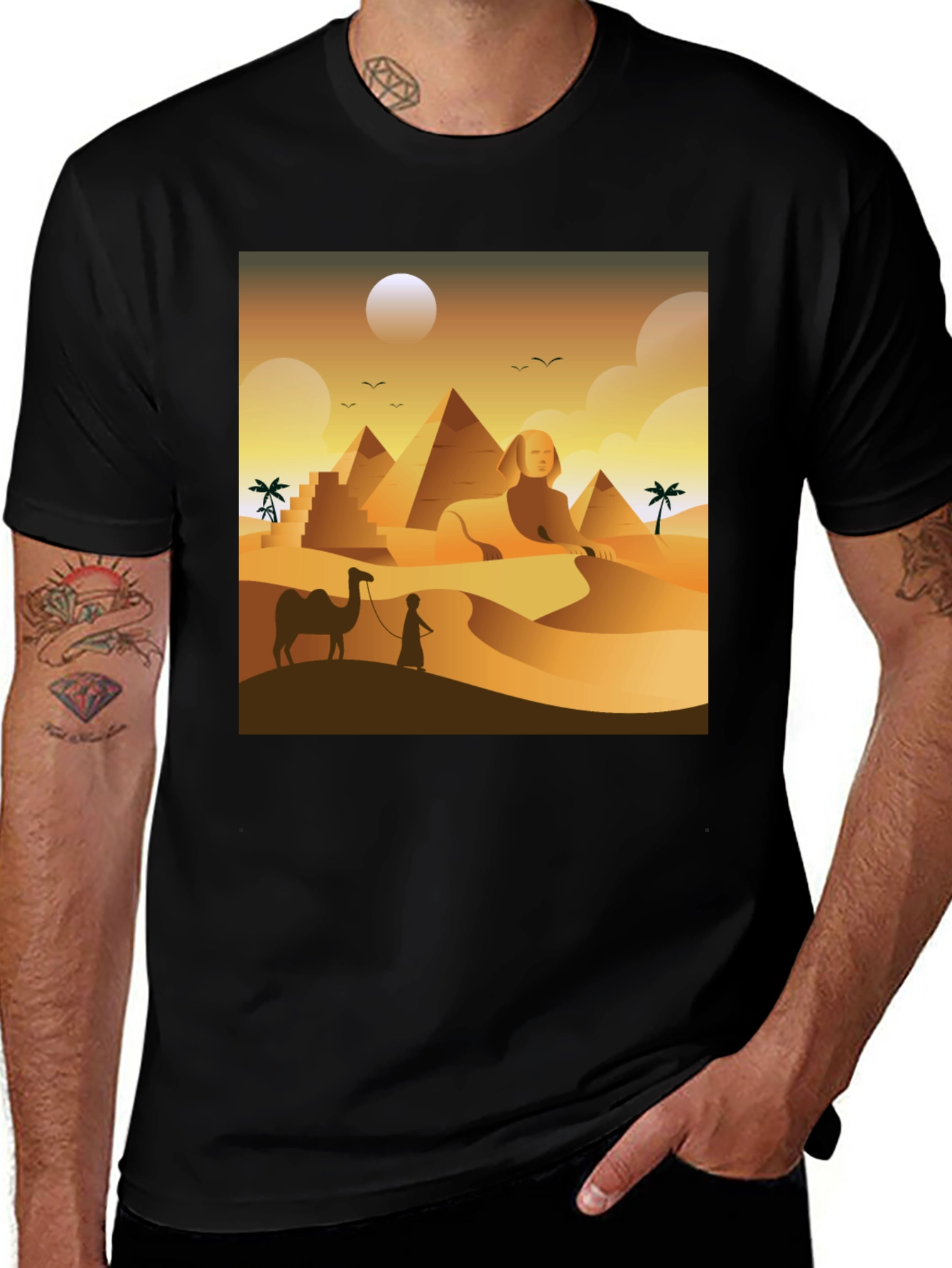 Black Egyptian Desert T-Shirt: Sphinx & Pyramids main image