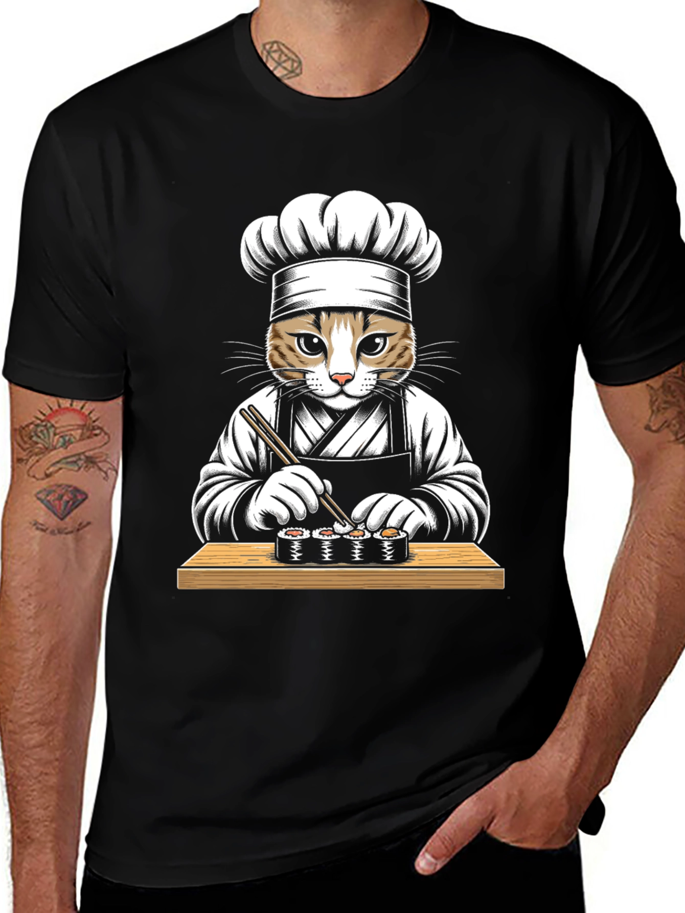 Black Cat Sushi Chef Graphic Tee - Unisex Black T-Shirt main image