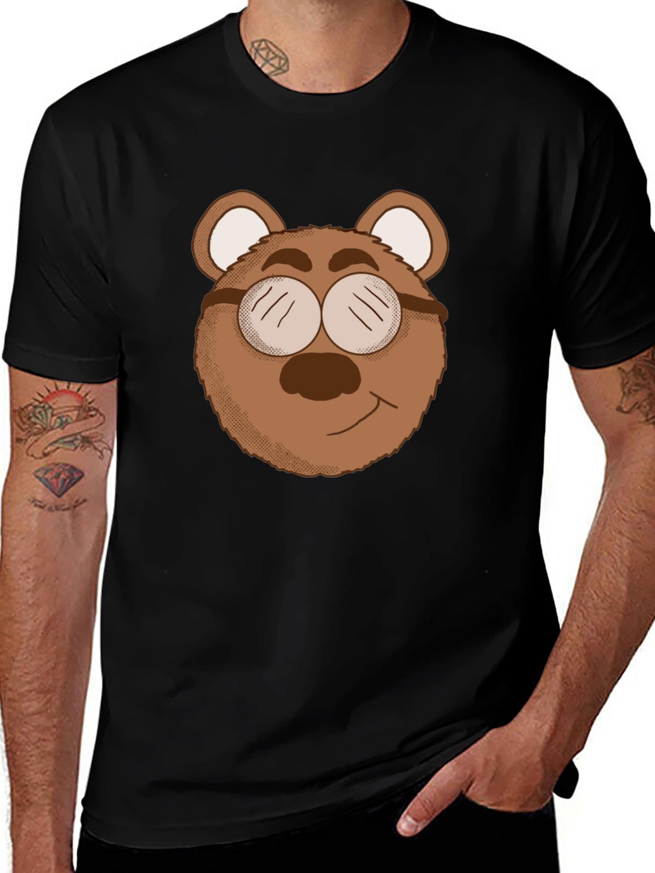 Variant 5 of Bear with Glasses Graphic Tee - Black Cotton Blend