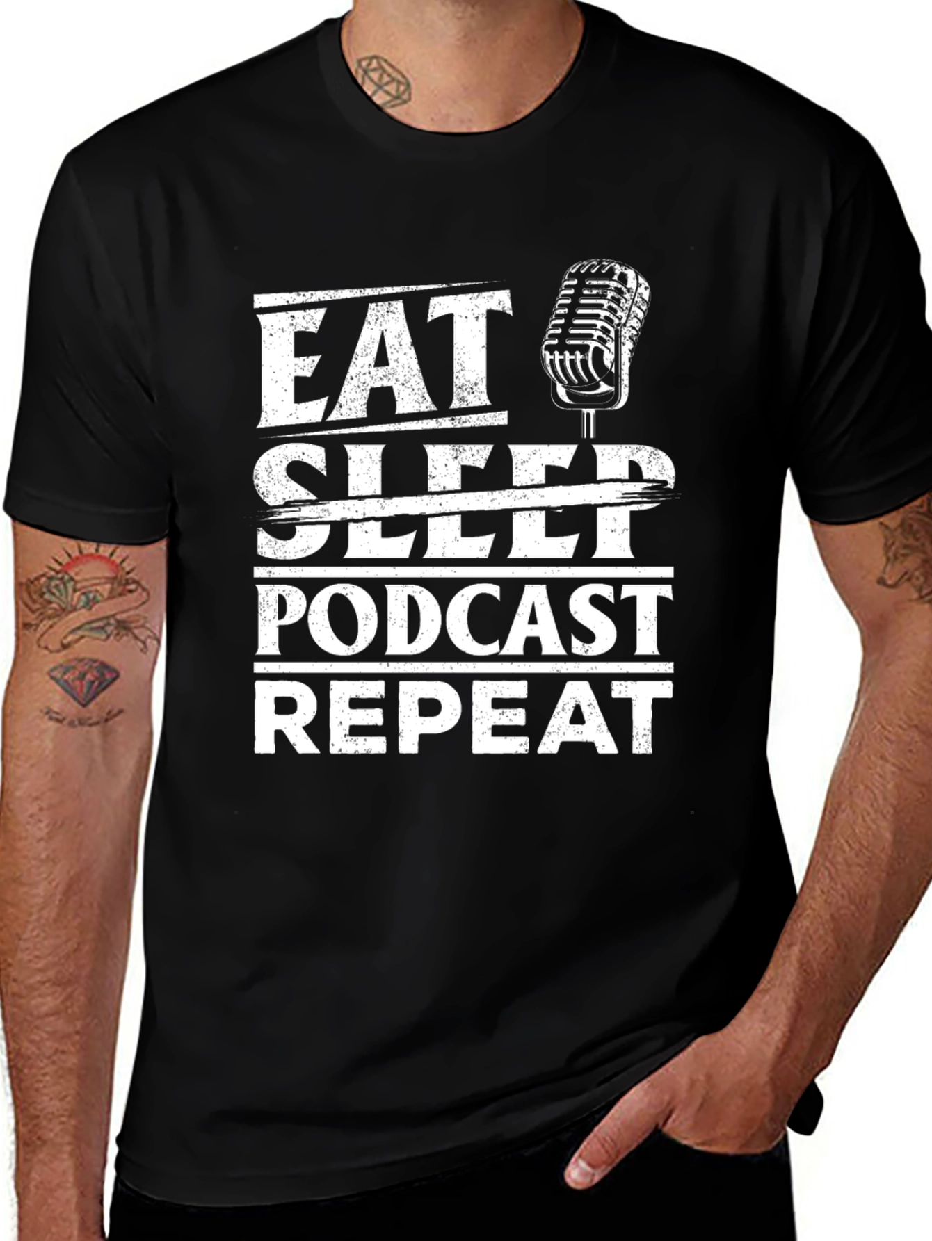 Eat Sleep Podcast Repeat Black Graphic T-Shirt