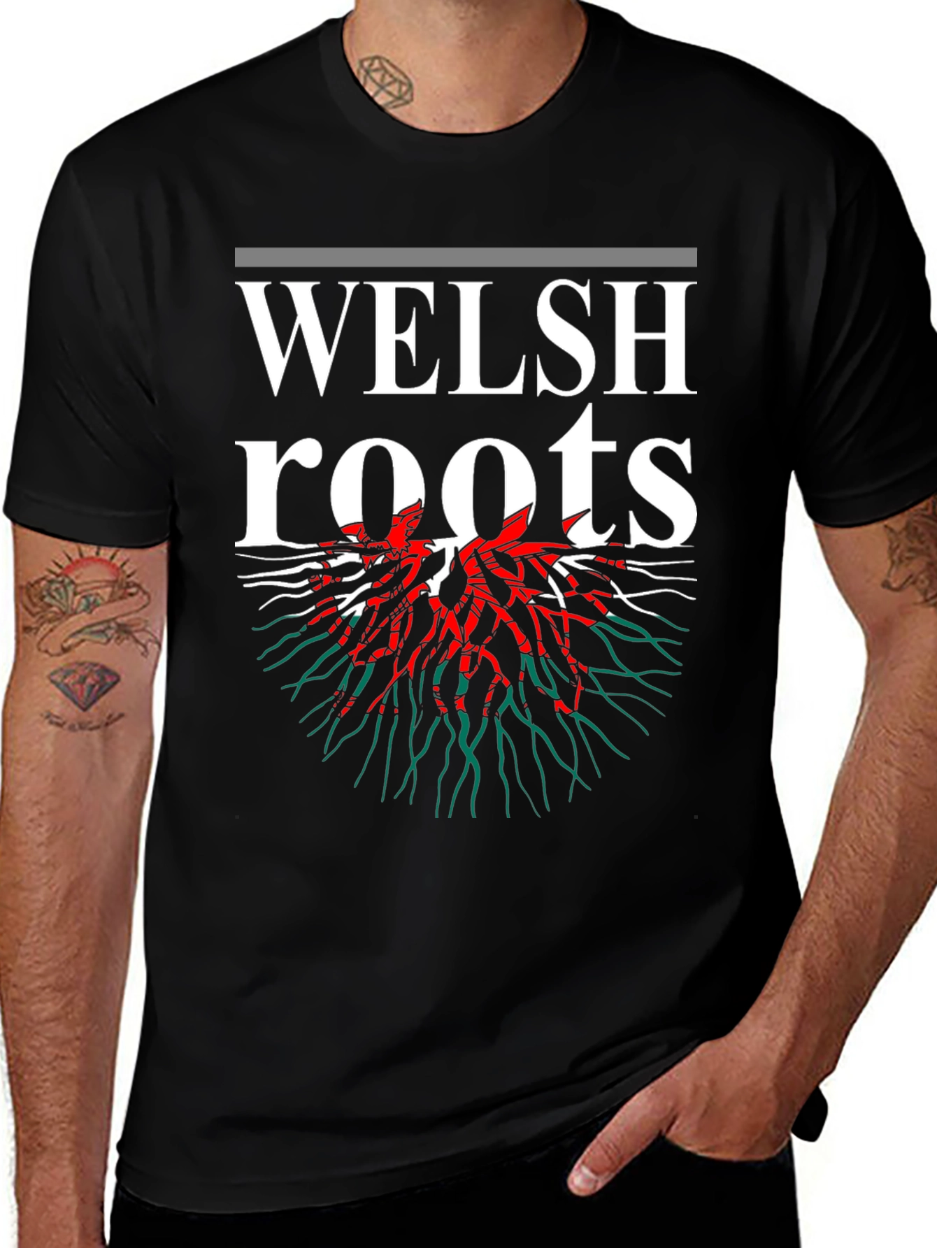 Welsh Roots T-Shirt - Black, Red & Green Design