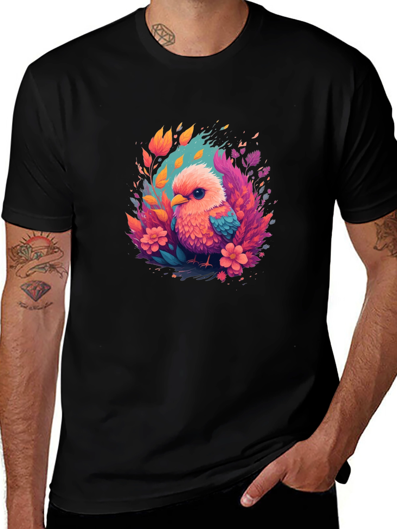 Variant 23 of Vibrant Bird Graphic Tee - Soft Cotton Black T-Shirt