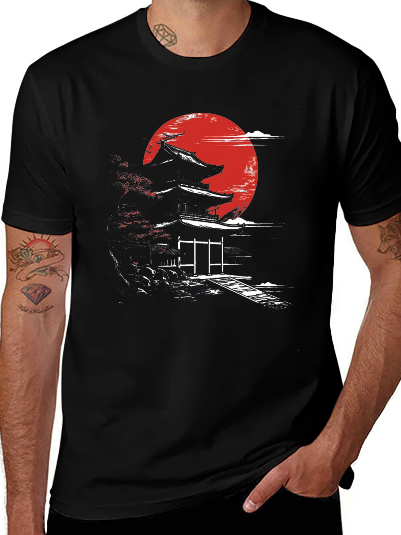 Japanese Temple Moon Graphic T-Shirt