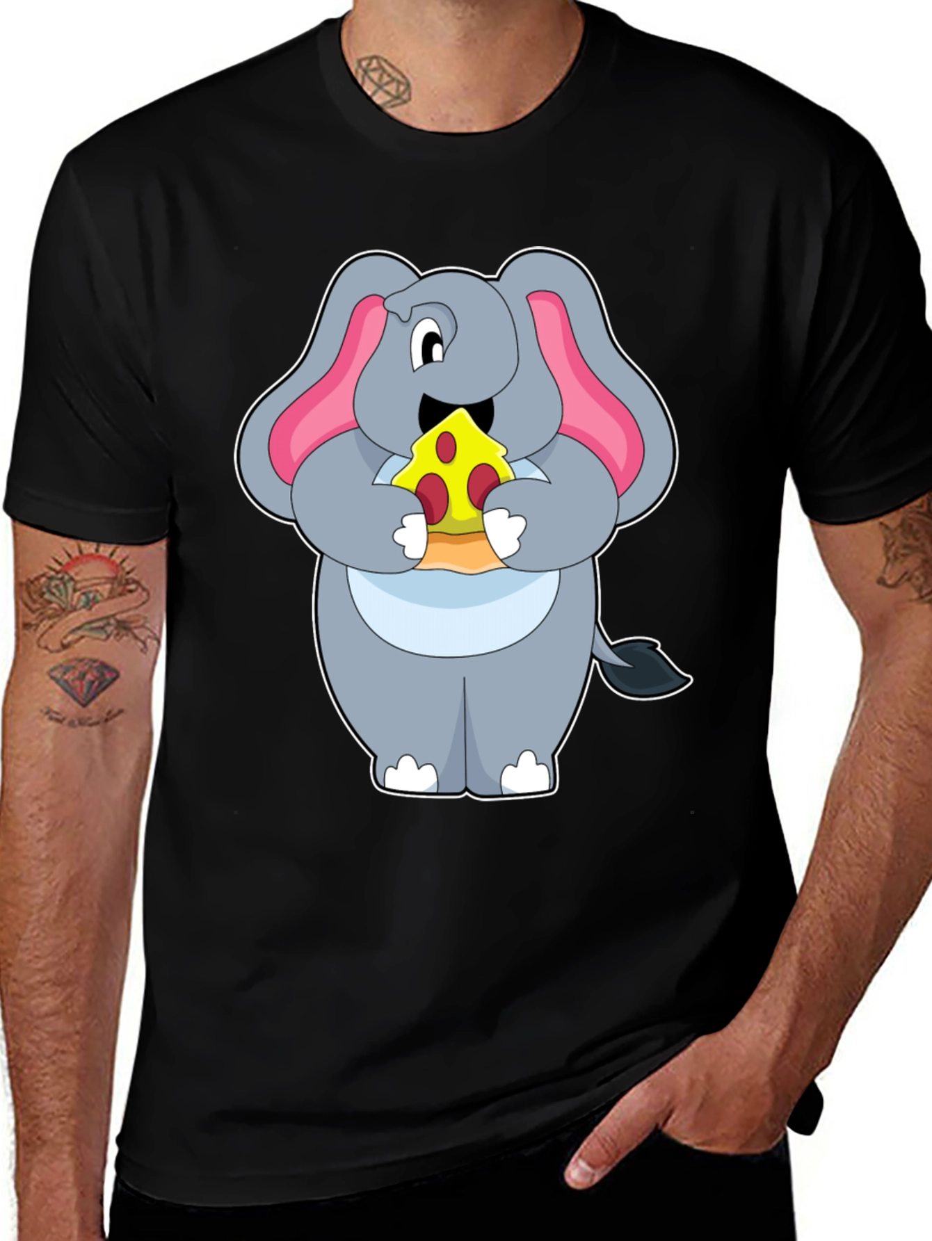 Variant 9 of Elephant Pizza Lover T-Shirt - Black Cotton Tee