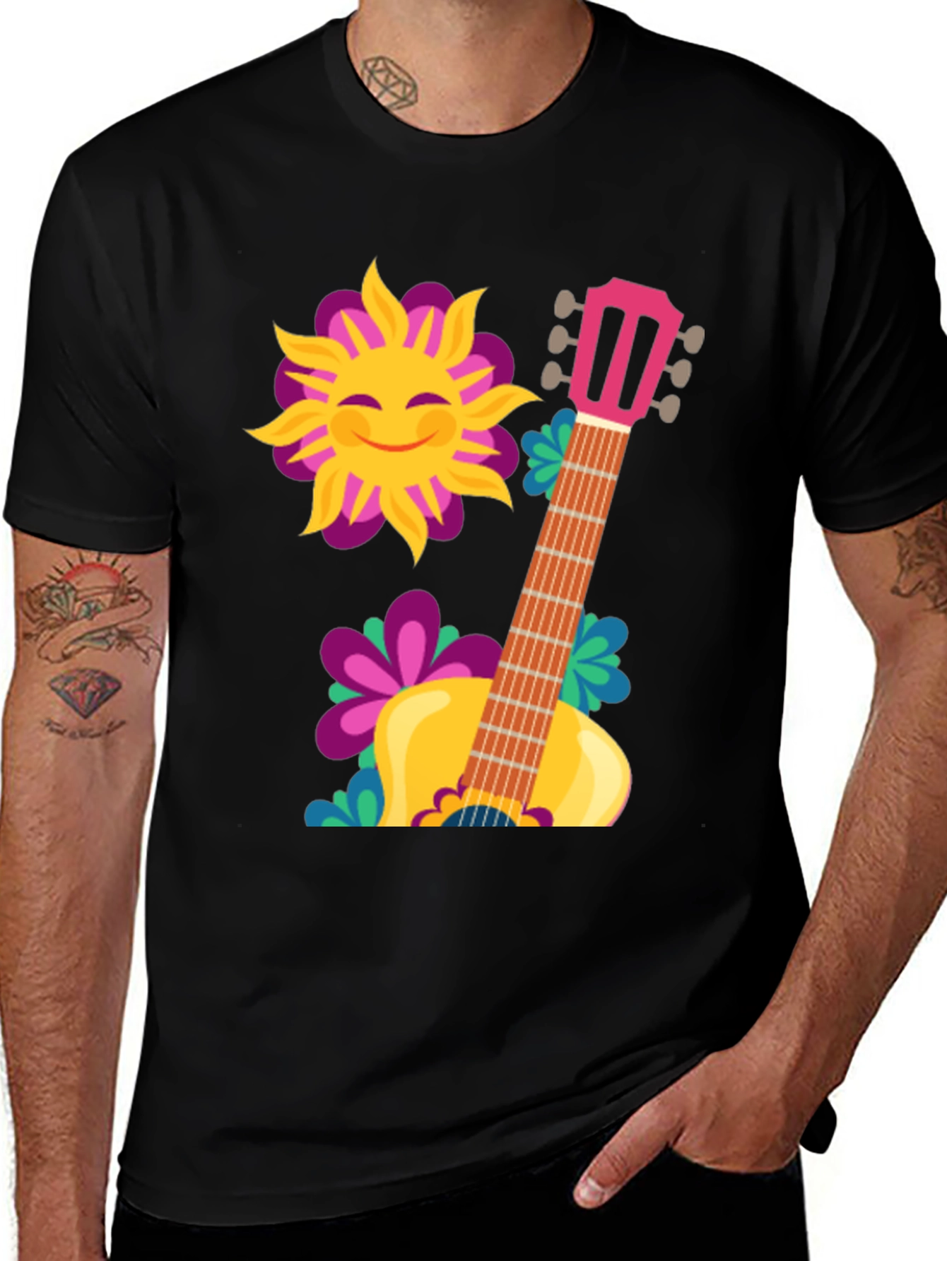 Variant 4 of Sunshine Guitar Graphic T-Shirt - Black Cotton Tee