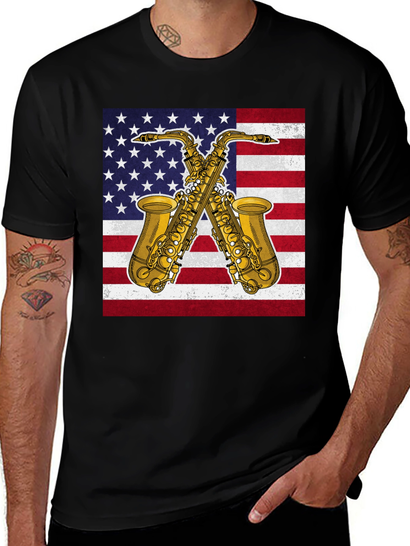Variant 14 of American Flag Saxophone Graphic Tee