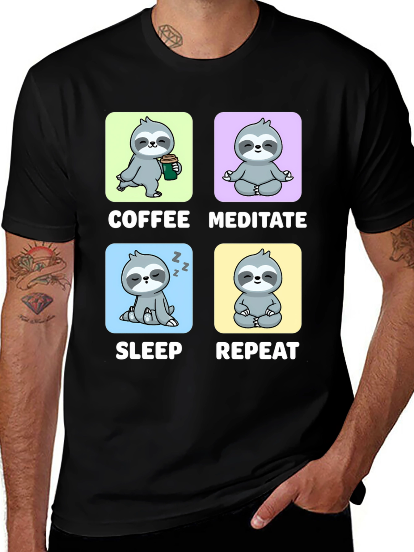Variant 26 of Sloth Coffee Meditate Sleep Repeat T-Shirt