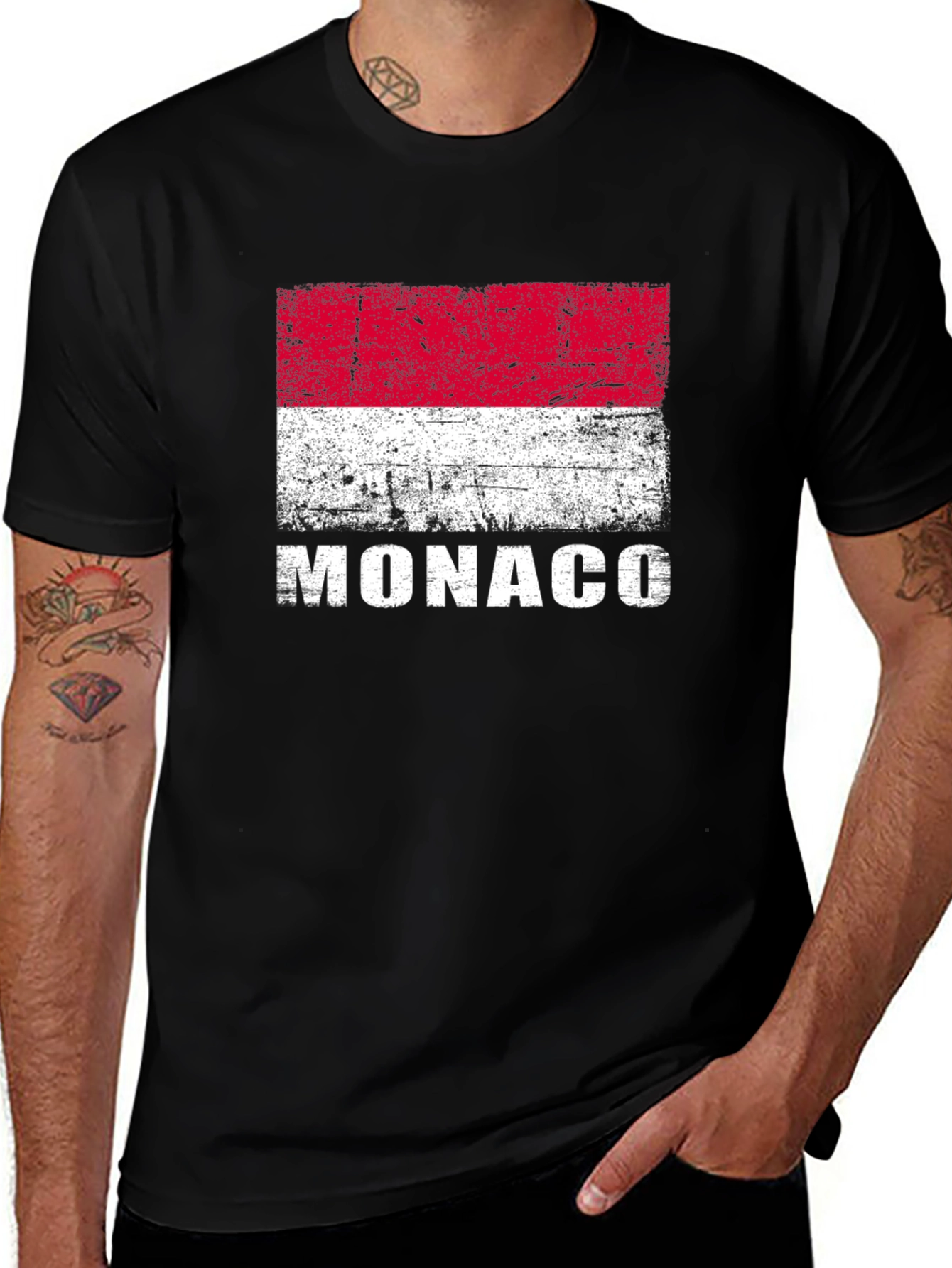 Monaco Flag Distressed Graphic T-Shirt - Black