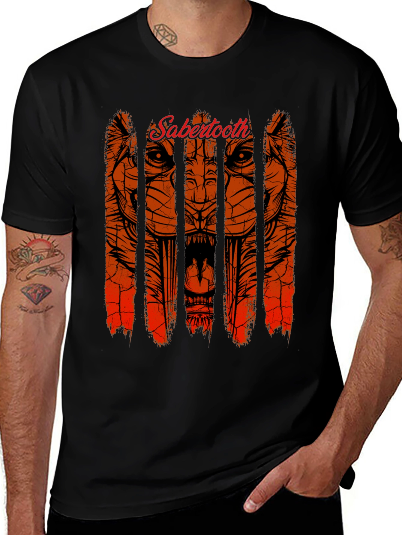 Variant 16 of Sabertooth Tiger Graphic Print Black T-Shirt