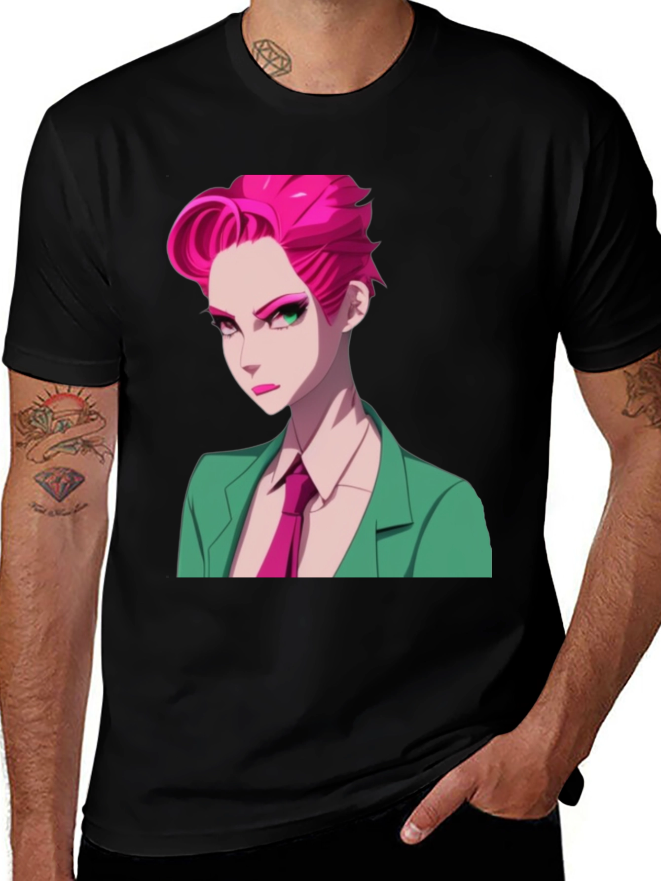 Variant 10 of Edgy Anime Woman T-Shirt - Green Suit, Pink Hair