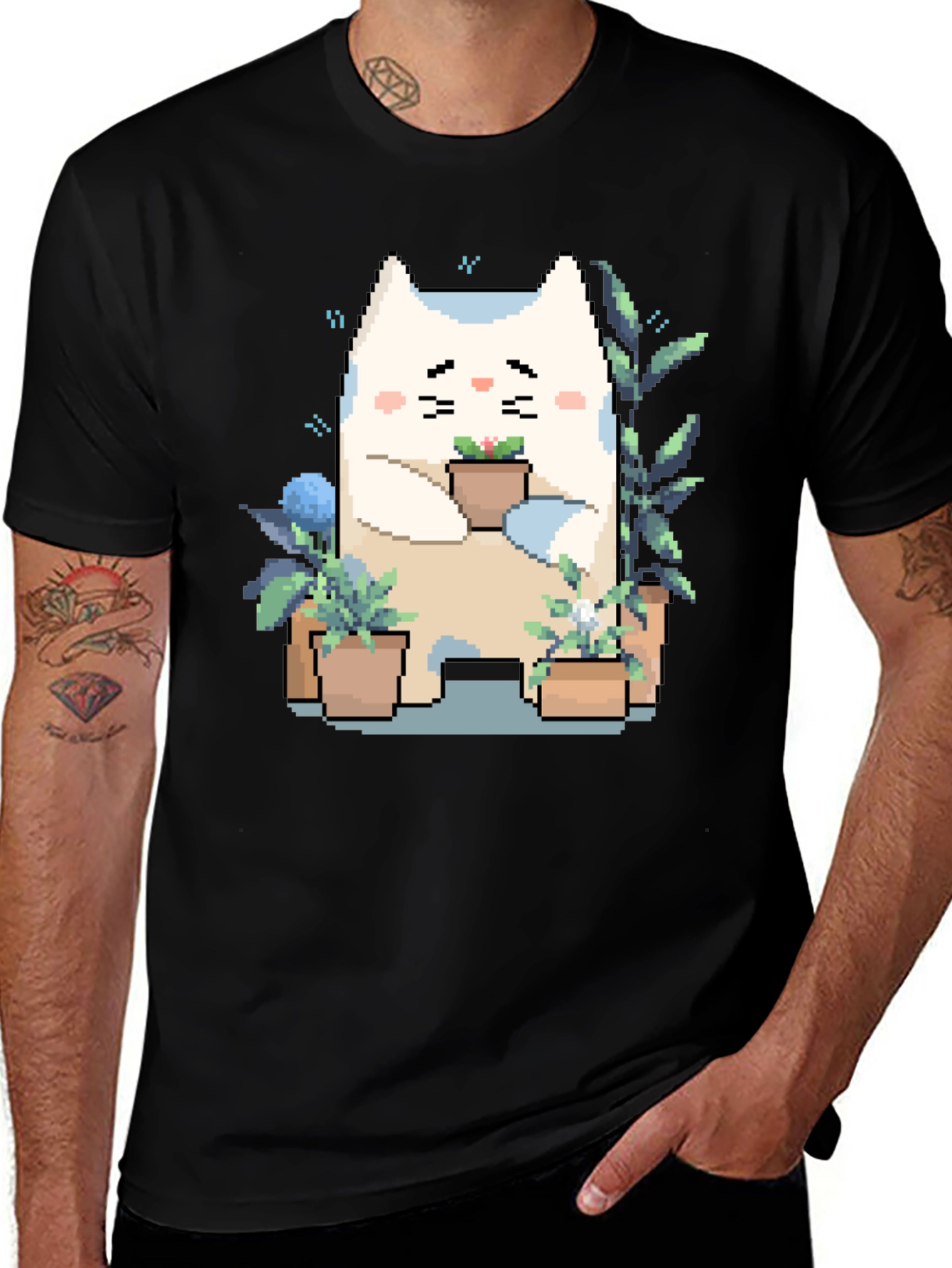 Variant 19 of Cute Pixel Cat with Plants Black T-Shirt