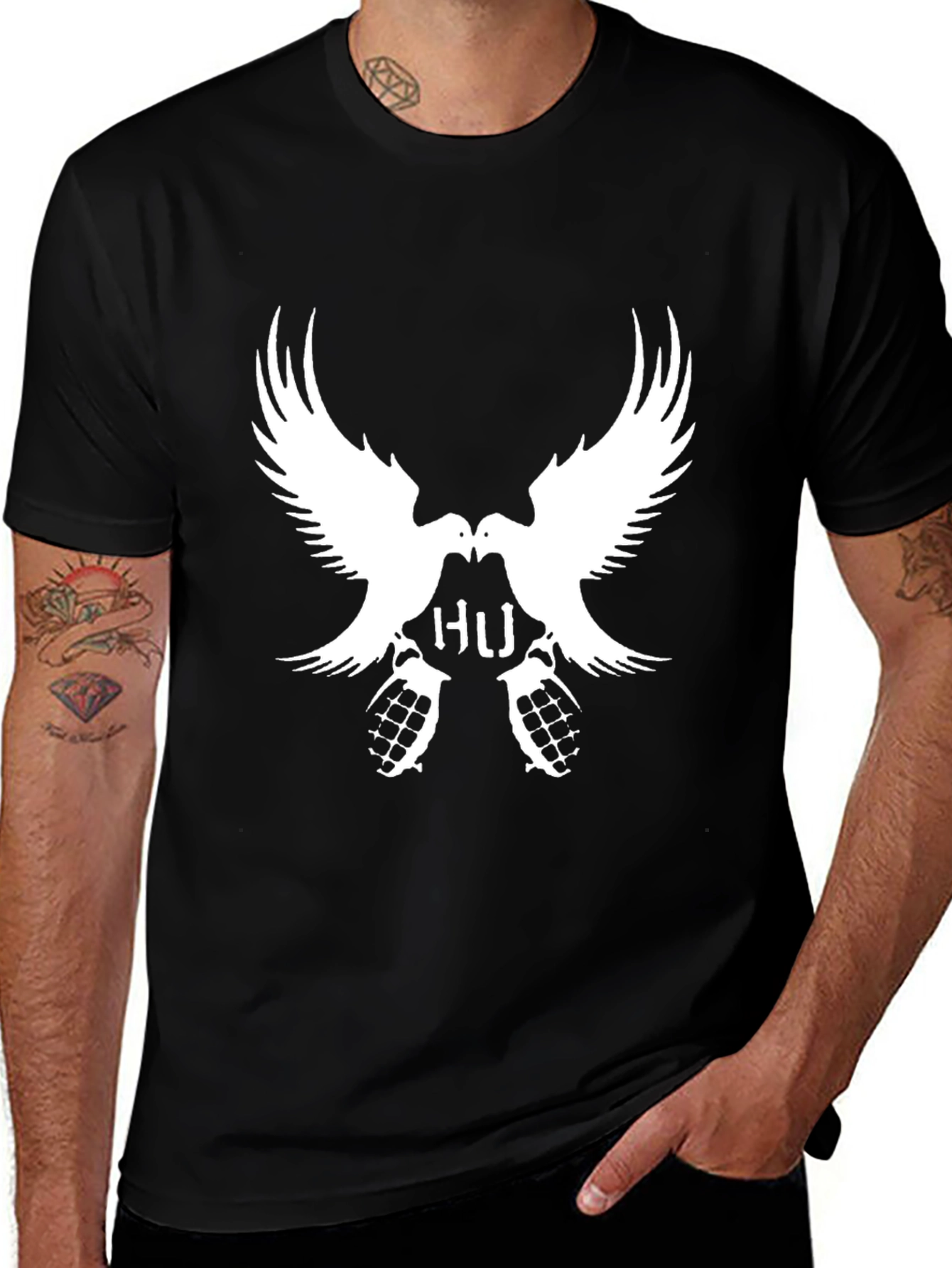 Variant 2 of Statement Black T-Shirt with Dove & Grenade Design