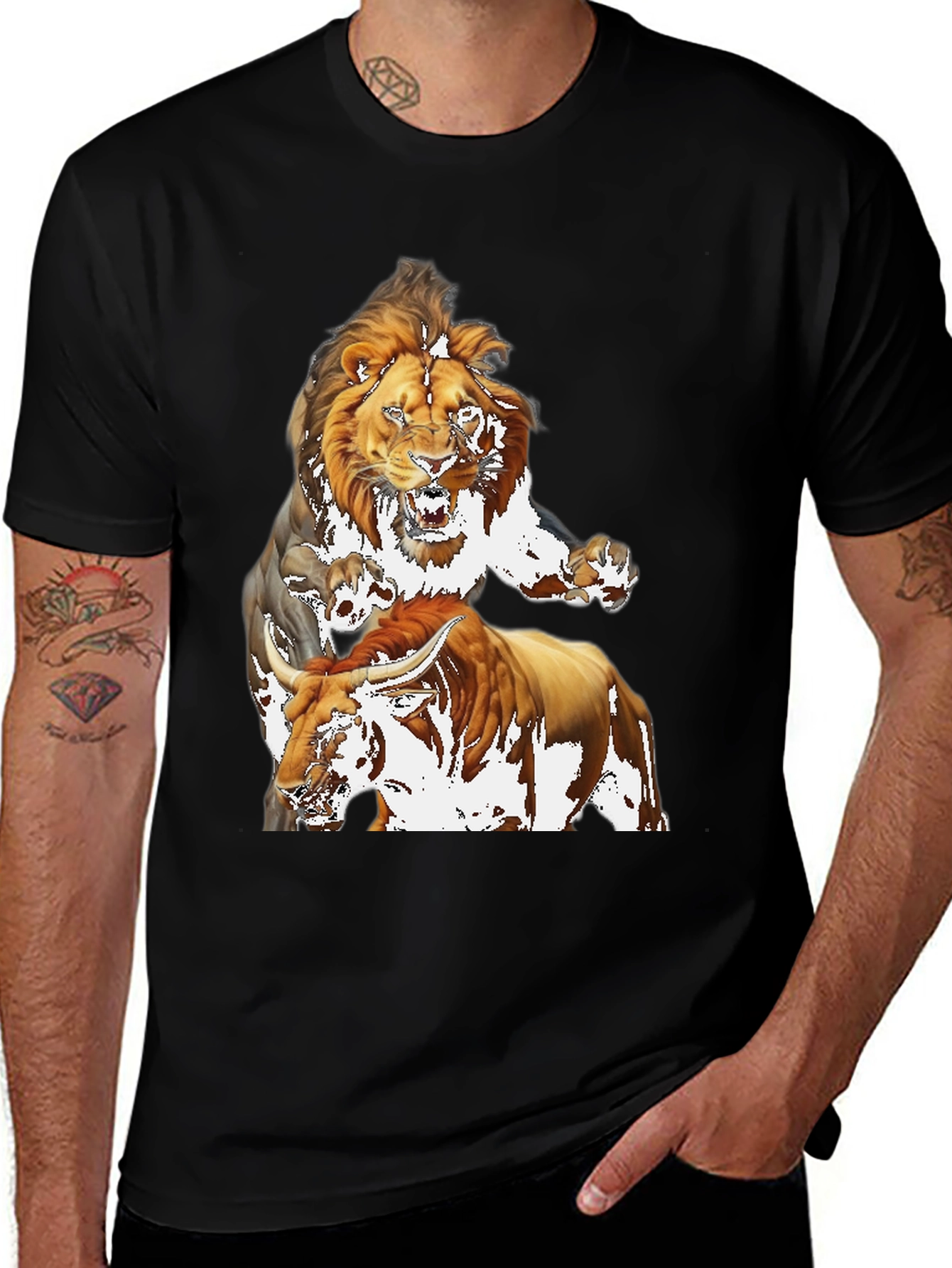 Variant 20 of Lion & Bull Graphic Print Tee - Bold Black T-Shirt