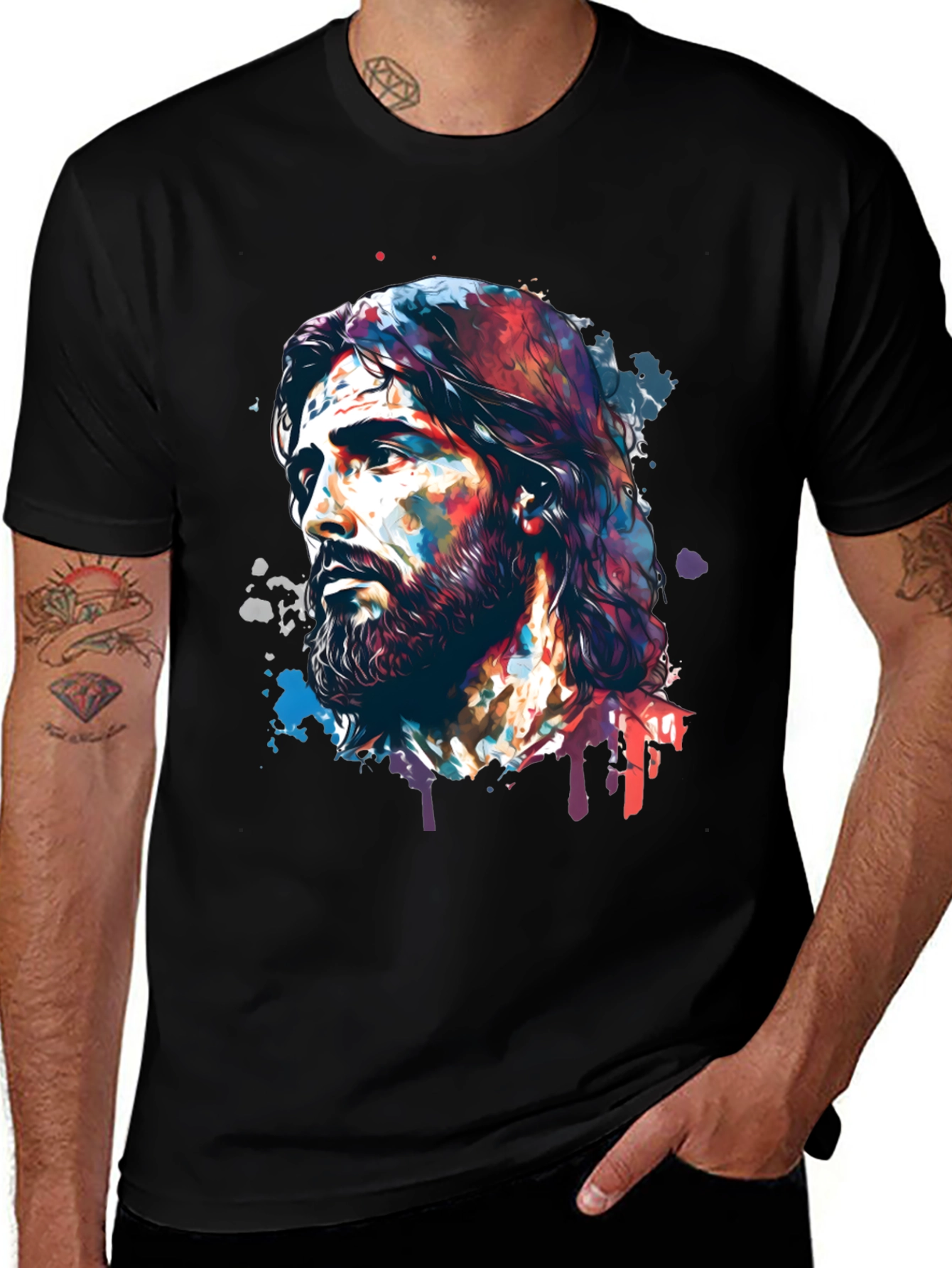 Variant 5 of Watercolor Jesus Graphic Print Black T-Shirt