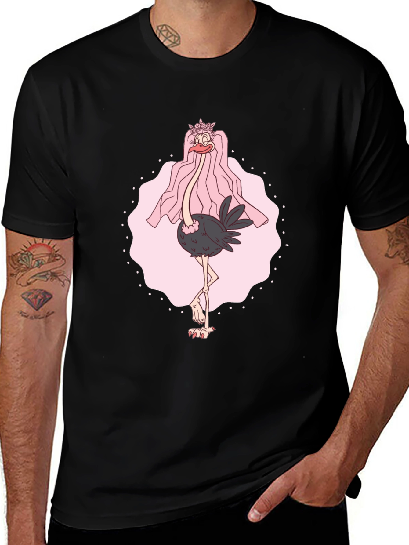 Variant 30 of Ostrich Bride Black T-Shirt - Cartoon Wedding Tee