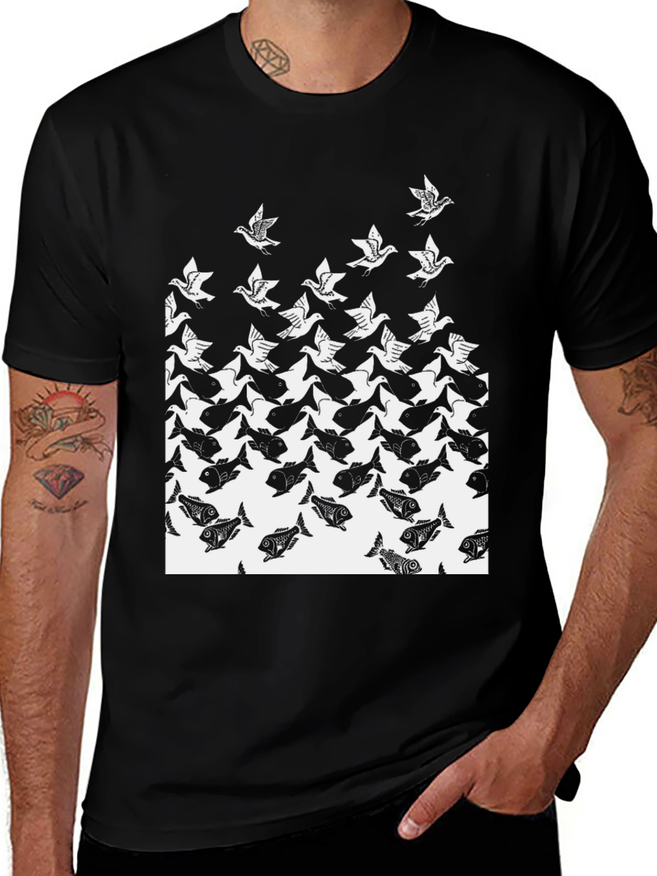 Variant 5 of Escher-Inspired Birds & Fish T-Shirt