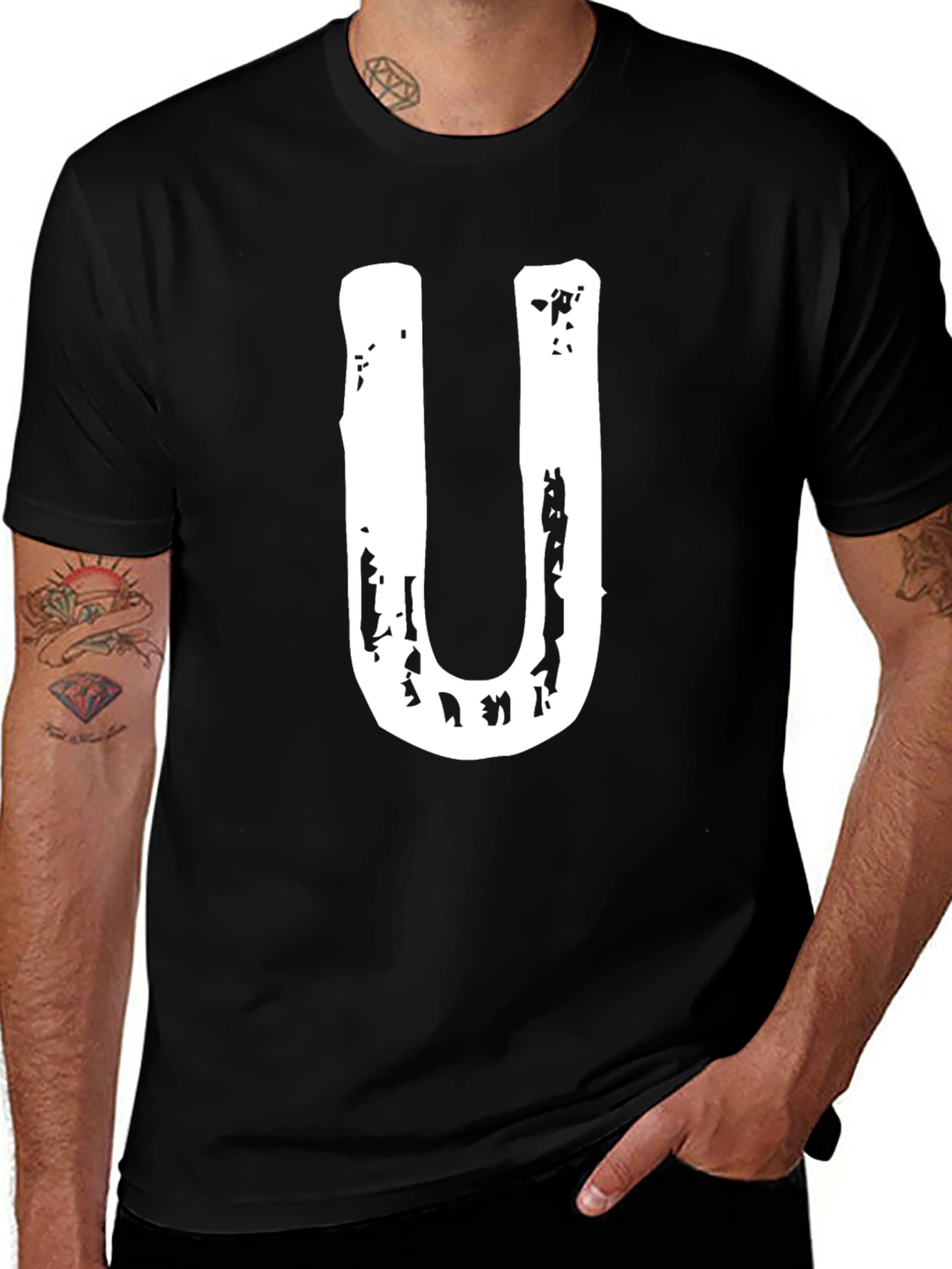 Variant 11 of Men's Black T-Shirt with White "U" Graphic