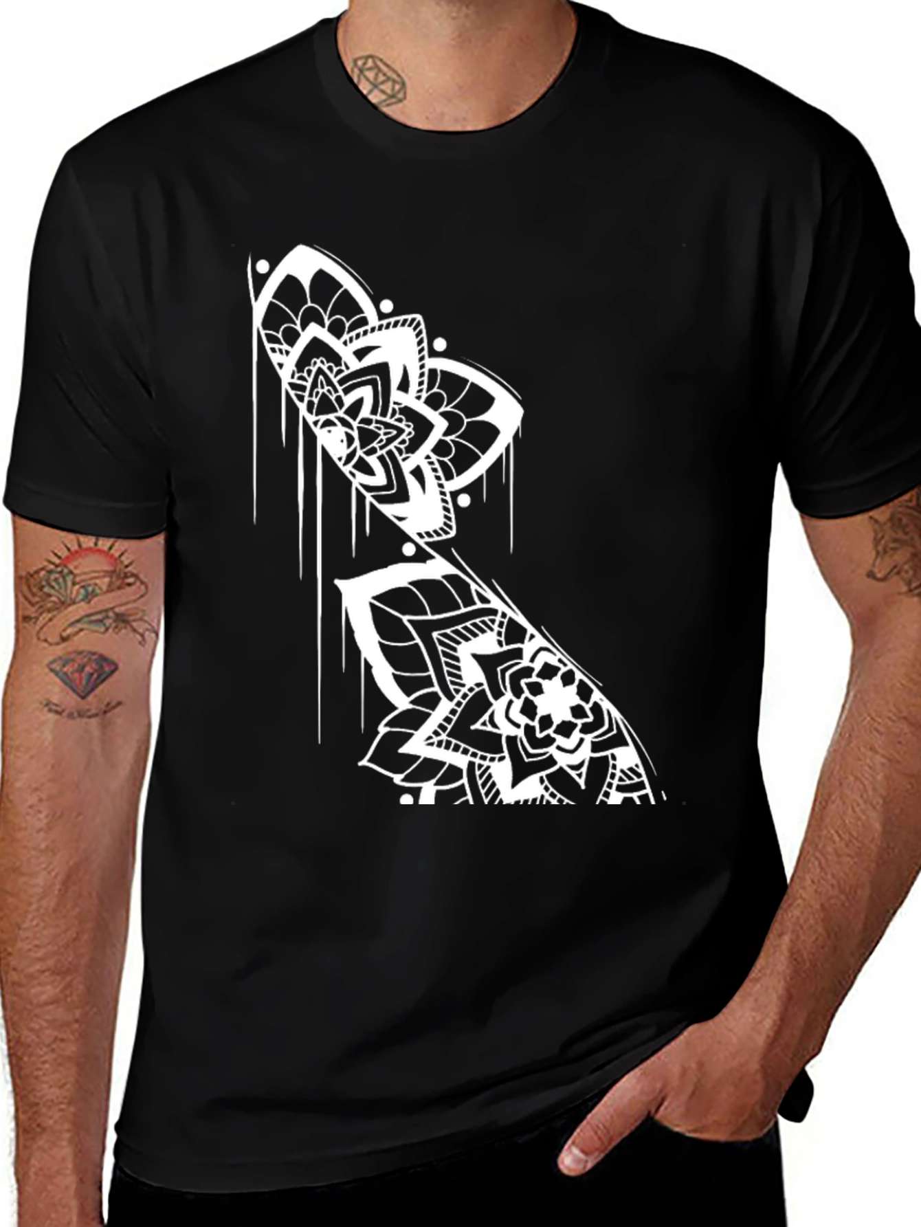 Black T-Shirt with White Mandala Print