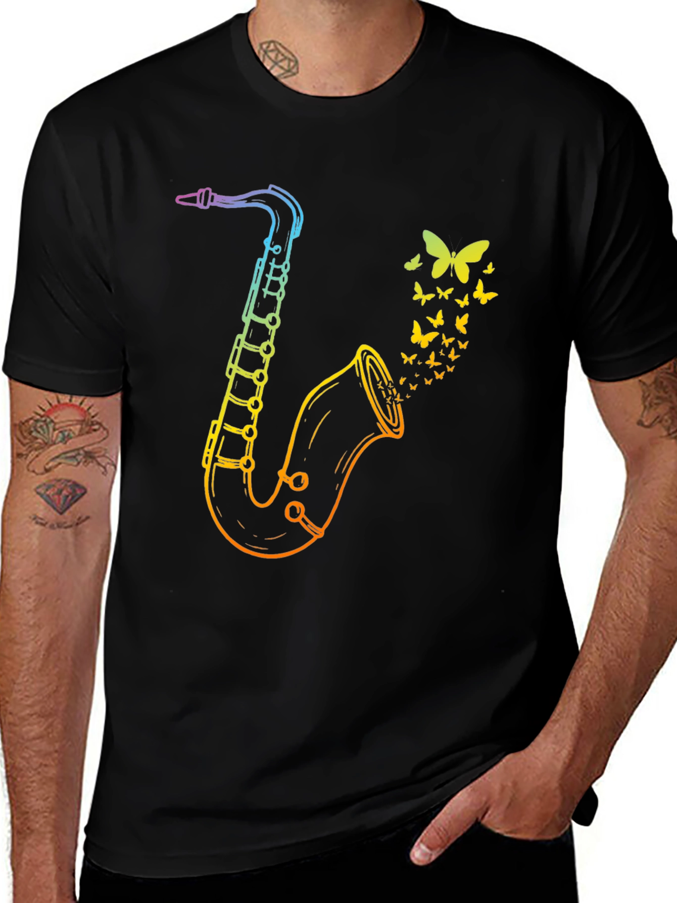 Variant 3 of Rainbow Saxophone Butterfly Men's Black T-Shirt