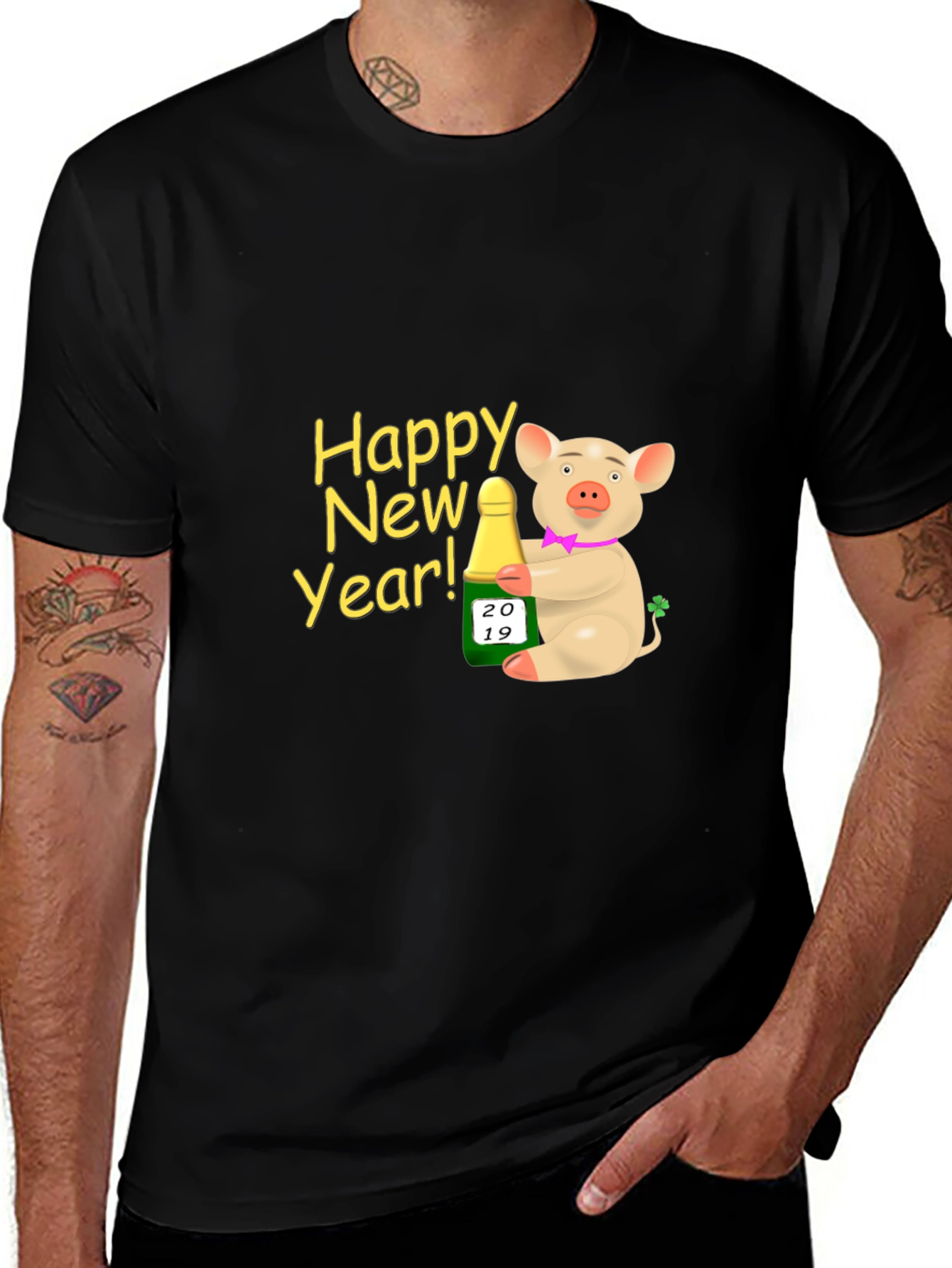 Happy New Year Pig T-Shirt - Black Crew Neck
