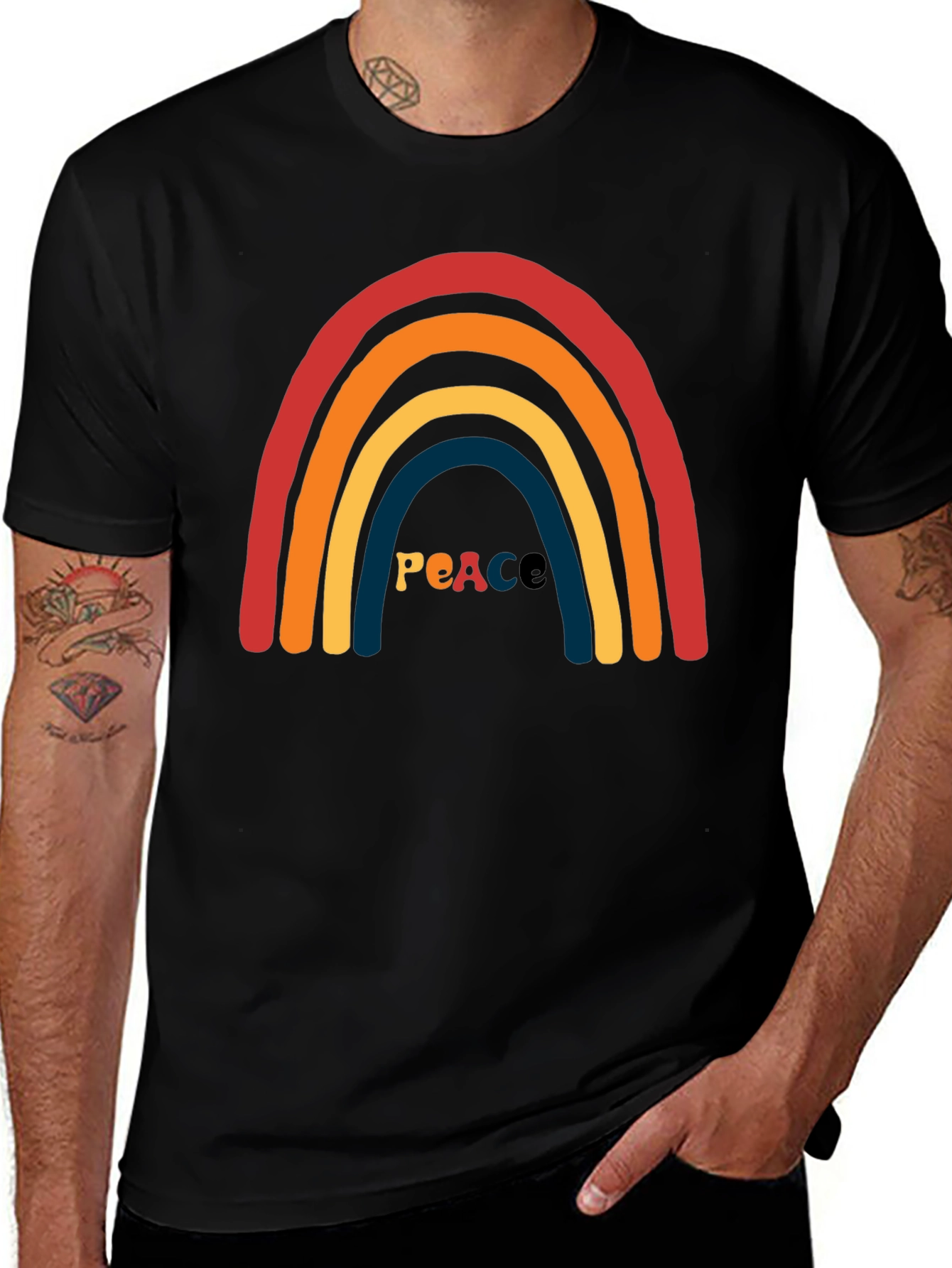 Variant 4 of Retro Peace Rainbow Graphic Tee - Black Cotton T-Shirt