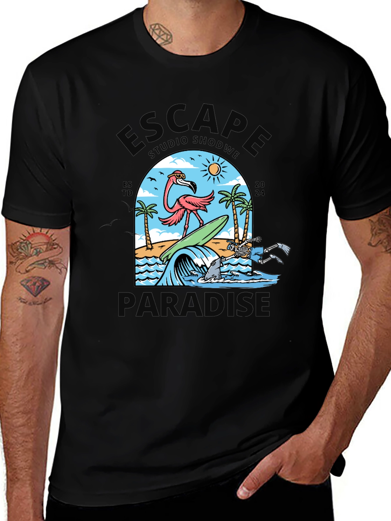 Variant 11 of Escape to Paradise Graphic T-Shirt - Summer Flamingo Design