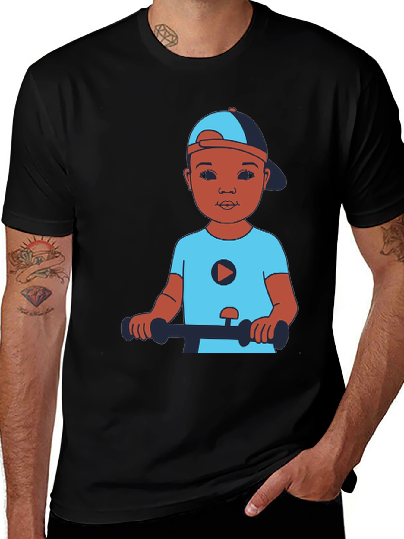 Cartoon Kid on Scooter Black T-Shirt