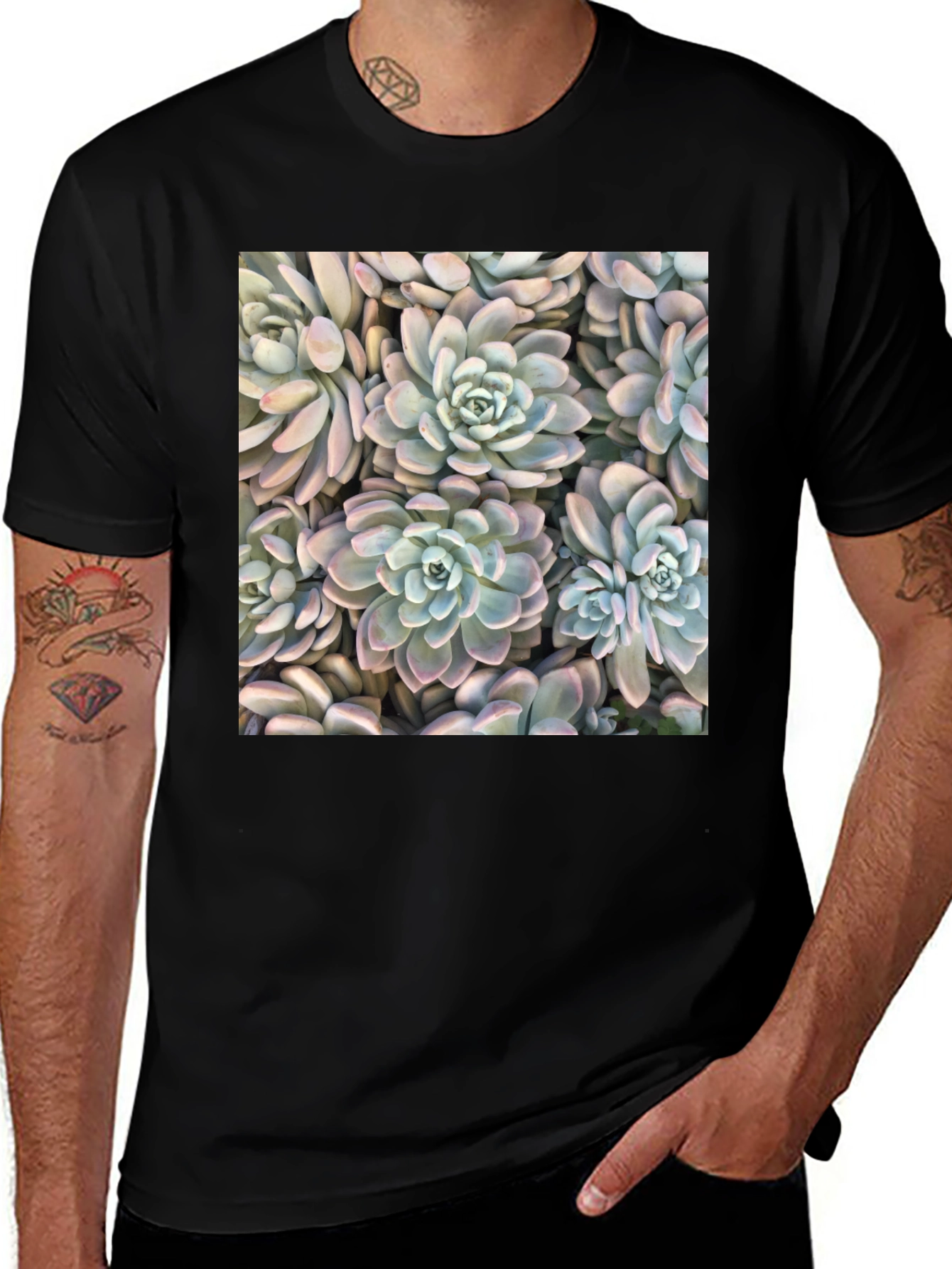 Variant 16 of Succulent Print Black T-Shirt