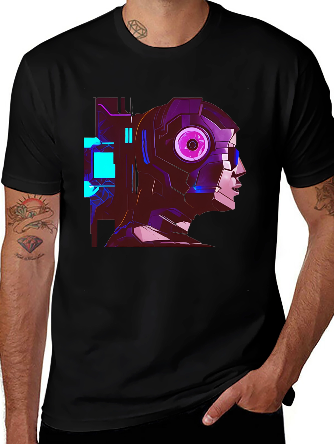 Variant 10 of Cyberpunk Robot Head Graphic Black T-Shirt