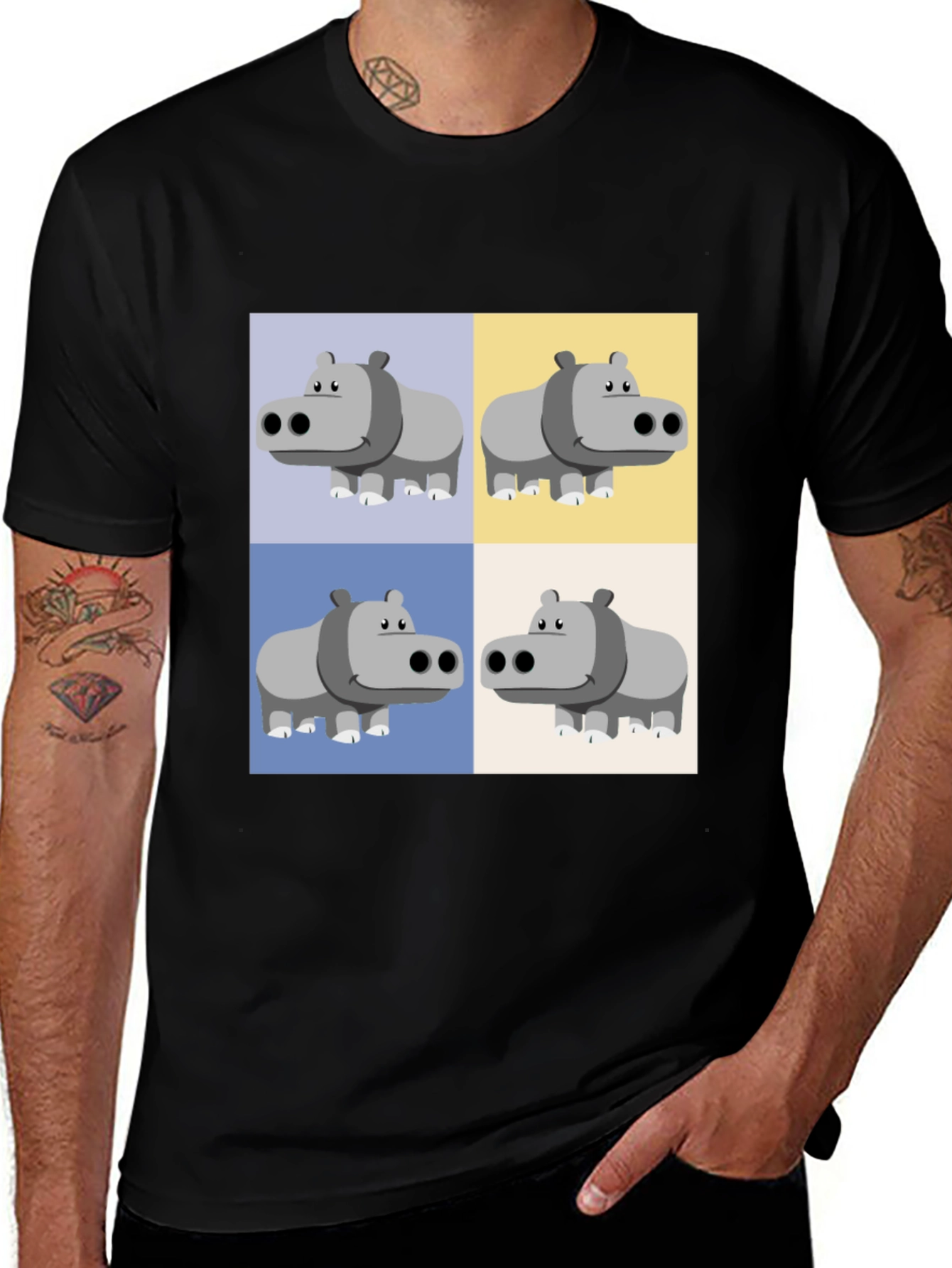 Variant 27 of Hippo Pop Art Graphic Tee - Black Crewneck T-Shirt