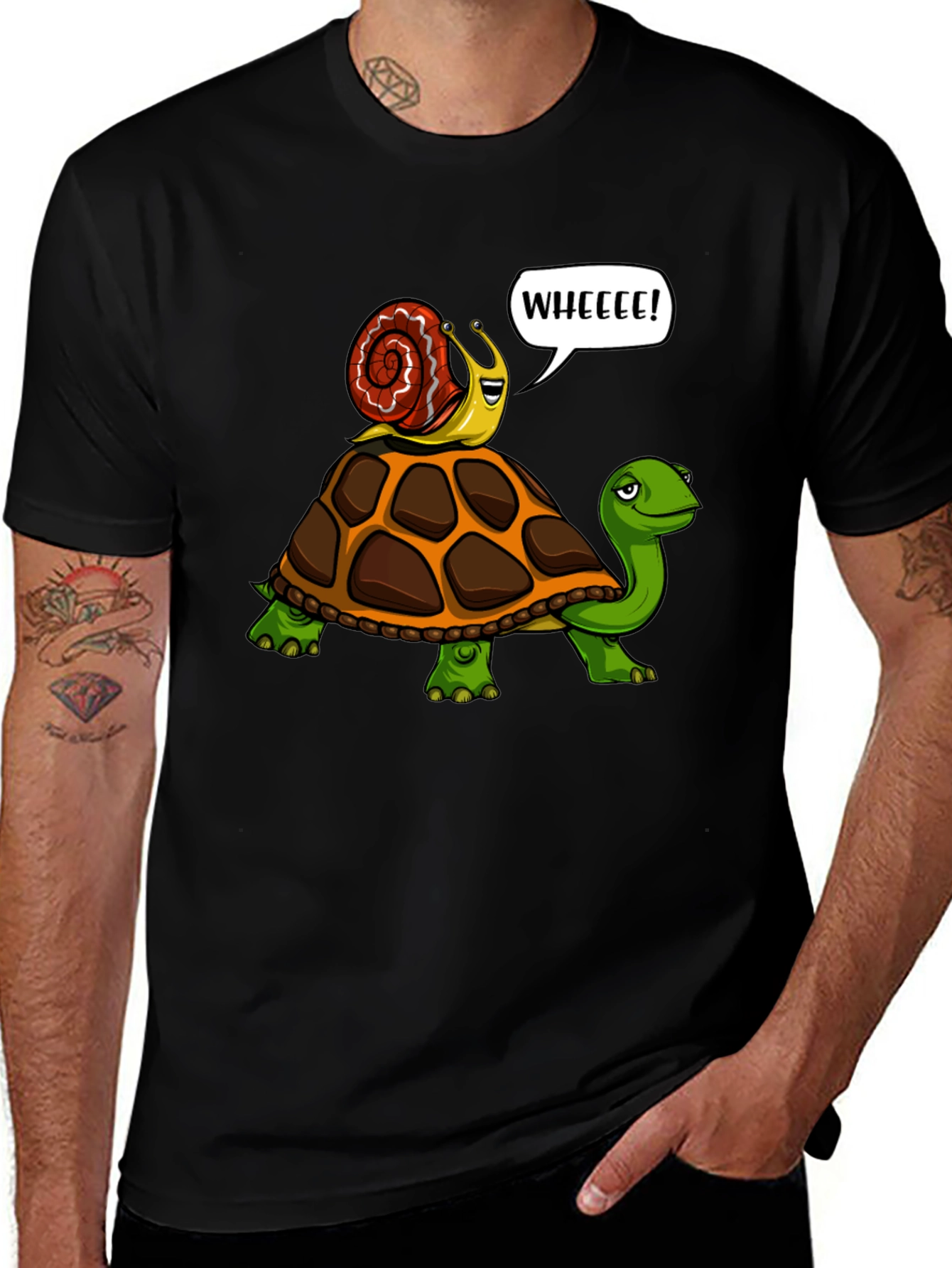 Snail Riding Turtle Cartoon Graphic T-Shirt