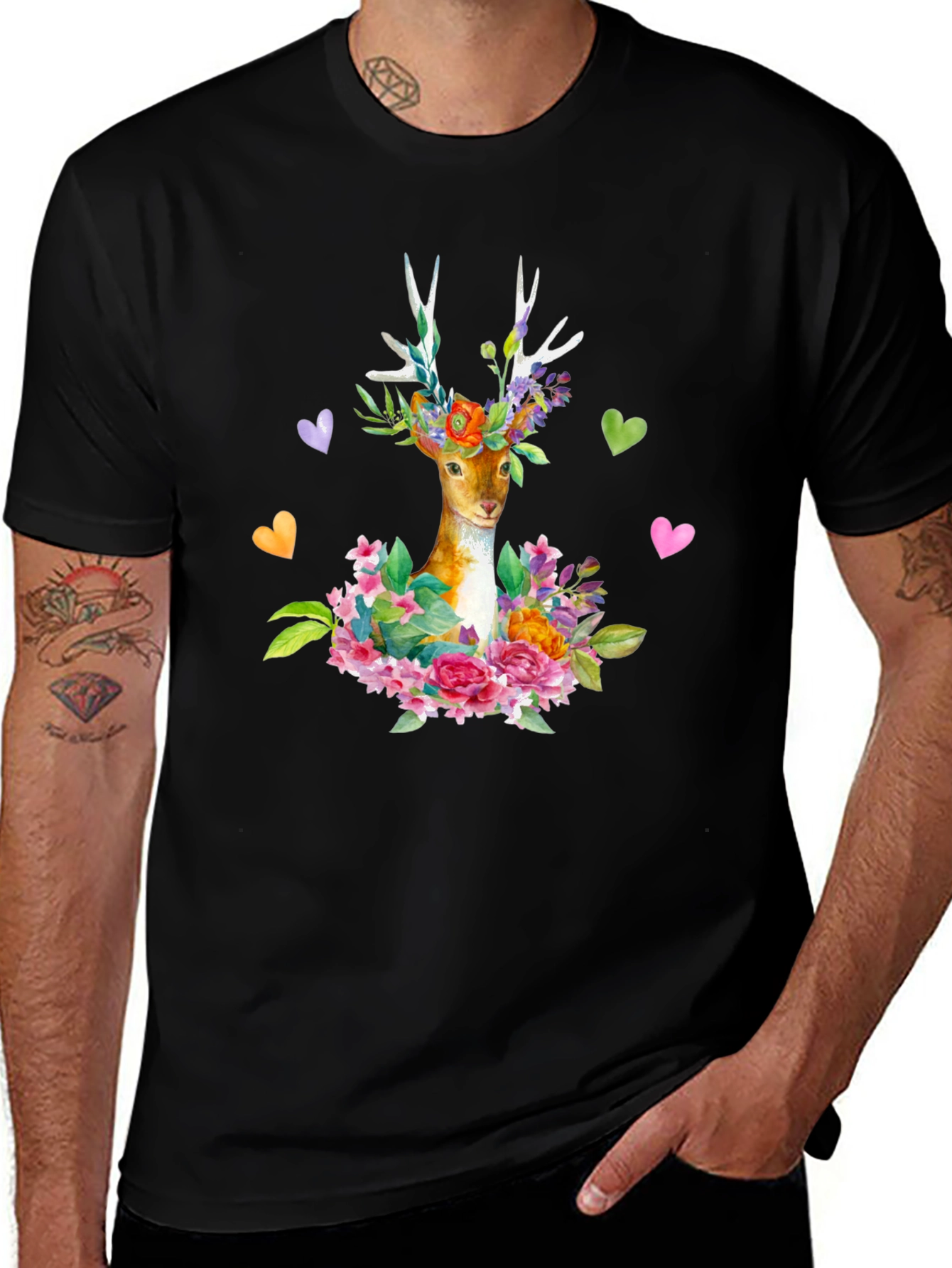 Variant 28 of Floral Deer Black T-Shirt