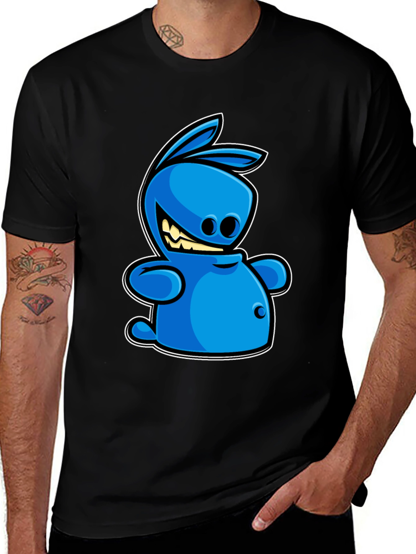 Variant 22 of Blue Cartoon Rabbit Graphic Tee - Black