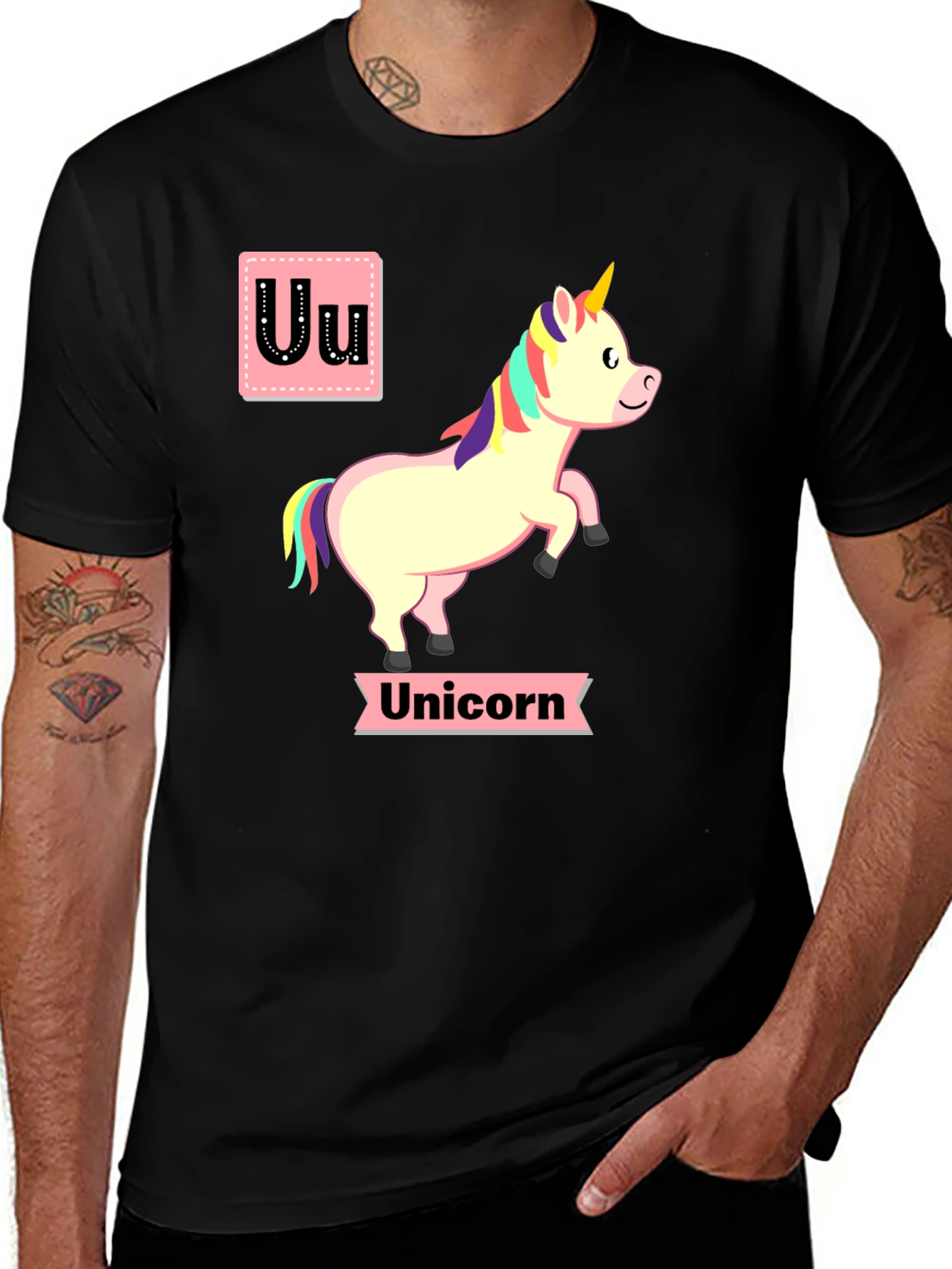Variant 5 of Unicorn Alphabet U Black T-Shirt