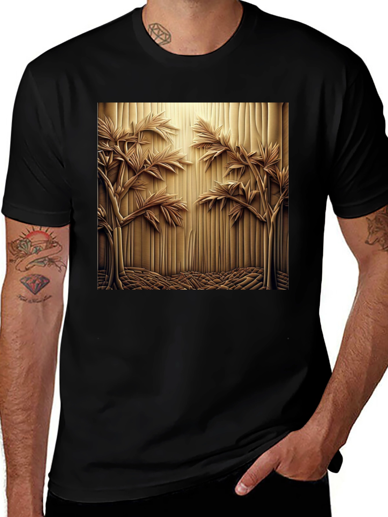 Variant 3 of Abstract Carved Wood Tree Graphic Black T-Shirt