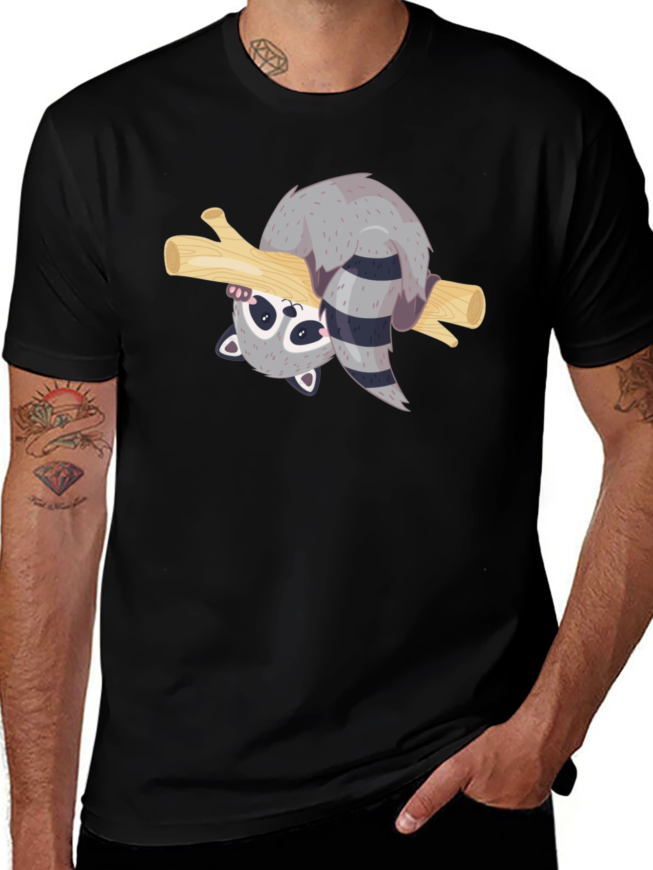 Variant 5 of Cute Raccoon on Branch Black T-Shirt