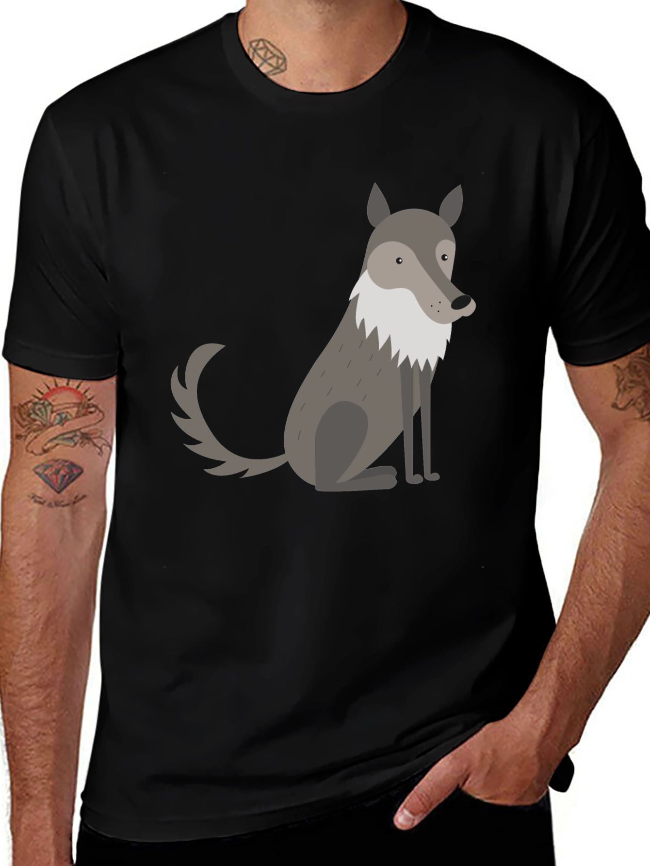 Variant 30 of Men's Black T-Shirt with Cute Cartoon Wolf Graphic