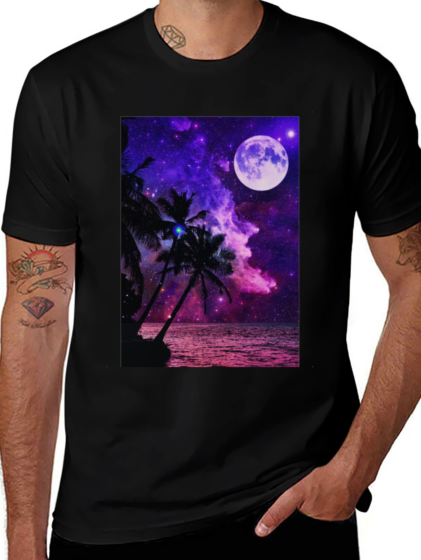 Variant 29 of Galaxy Dream Tee - Moonlit Palm Tree Design